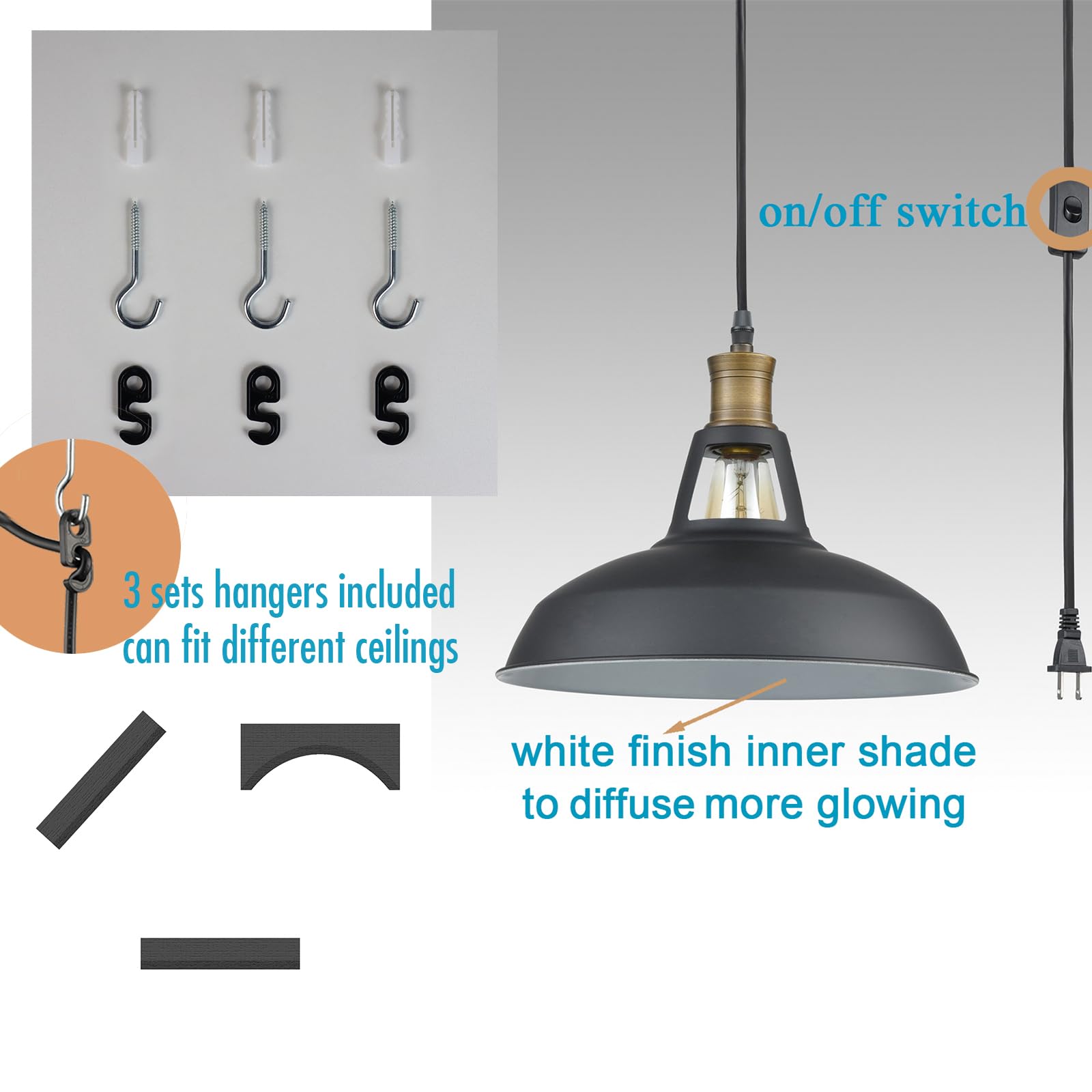 CLAXY Barn Pendant Light Black Metal with On/Off Switch 197in Cord, Model T2926DU-C