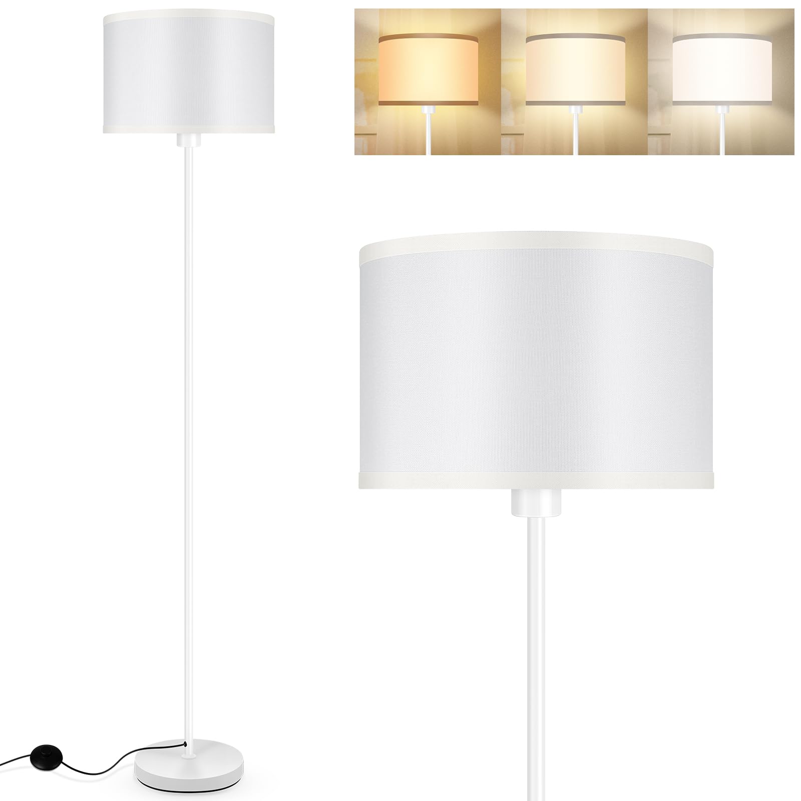 Floor Lamp White  Standing Lamp  58  Tall Floor Lamp With Lampshade  Foot Pedal Switch  Modern Small Floor Lamps For Living Room/Bedroom/Classroom/Kids Room  White Lamp For Girls  Gift(Without Bulb)