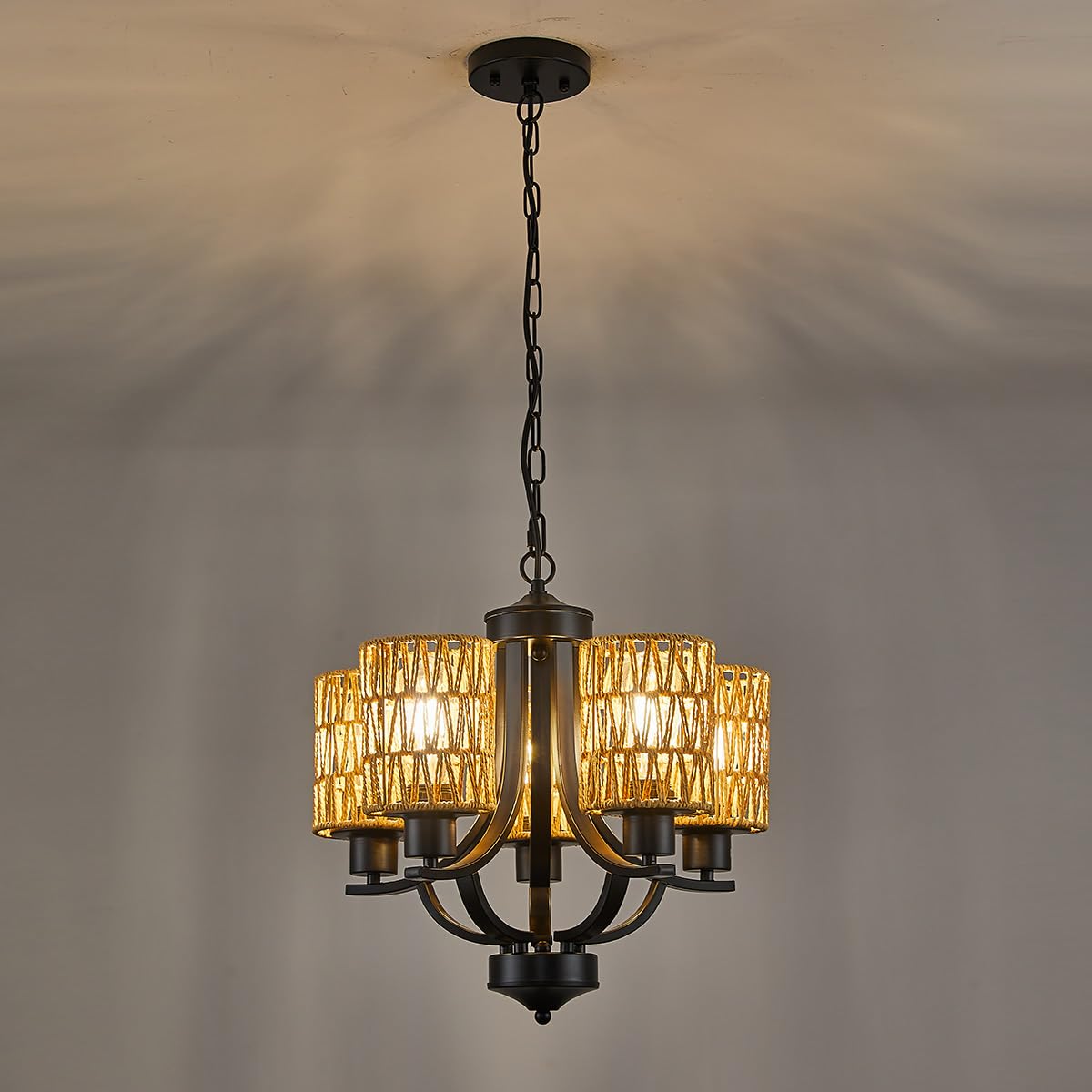 TELAFLY 5-Light Rattan Chandelier, Modern Rustic Metal Pendant Light for Dining Room, Kitchen, Foyer, Bedroom