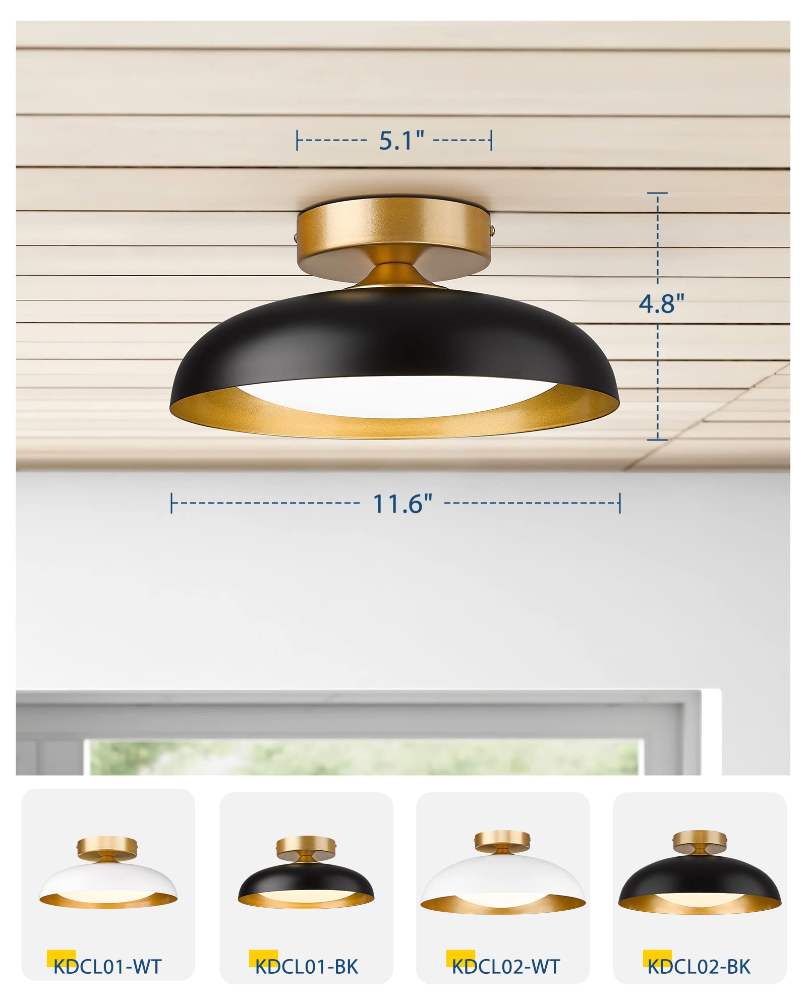 Kudos Flush 12-Inch Led Light Fixture, Black And Gold Finish, 12W/1200Lm For Bedroom, Hallway, 3000K/4000K/6000K Adjustable, Kdcl01-Bk