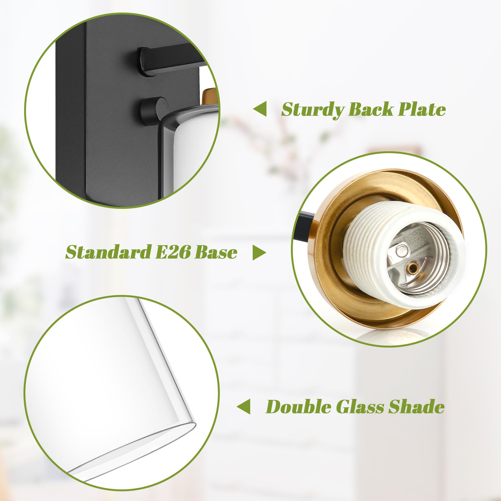 VerRon Set of 2 Wall Sconces - Modern Black & Gold Vanity Light Fixtures with Double Glass Shade for Bathroom & Living Room