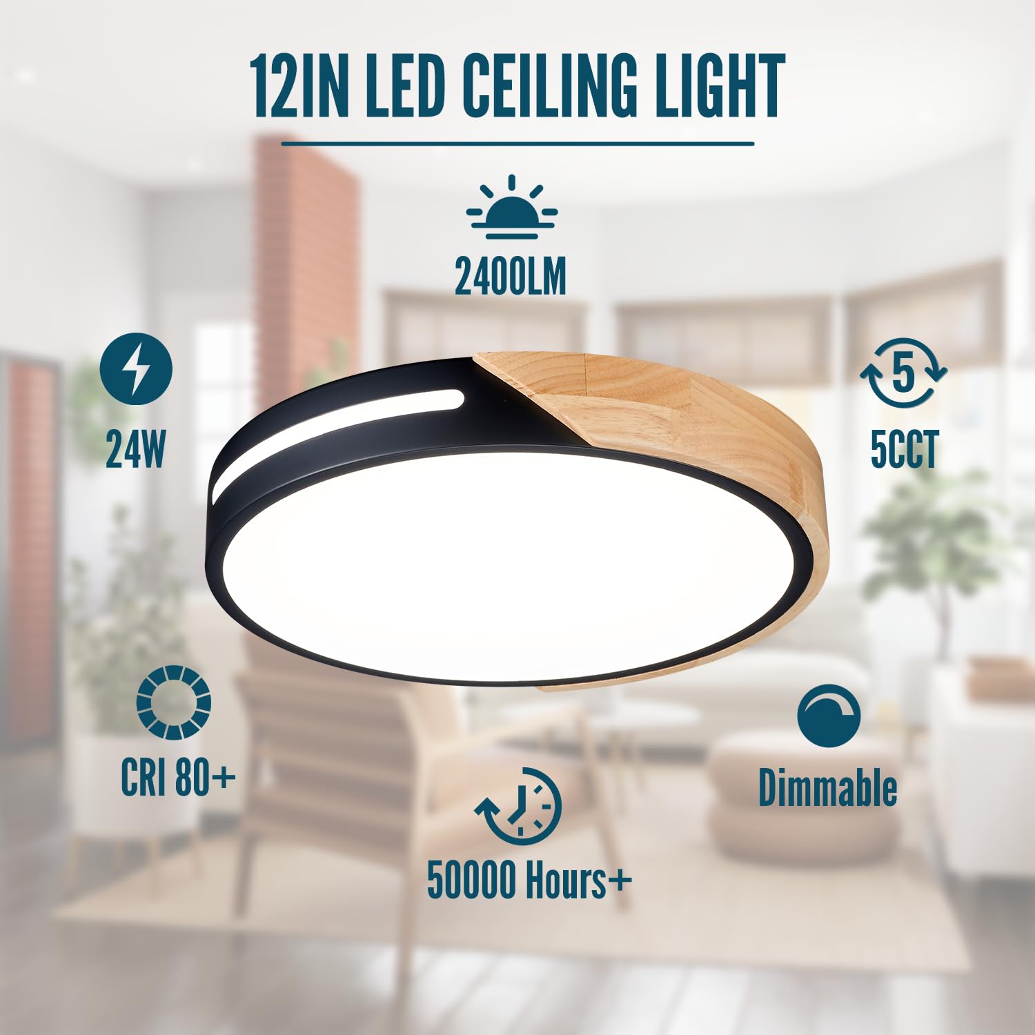 Wheatronic Black And Wood Flush Mount Ceiling Light Fixture 12 Inch, Dimmable Led Flush Mount Black, Modern Light Fixture Ceilin