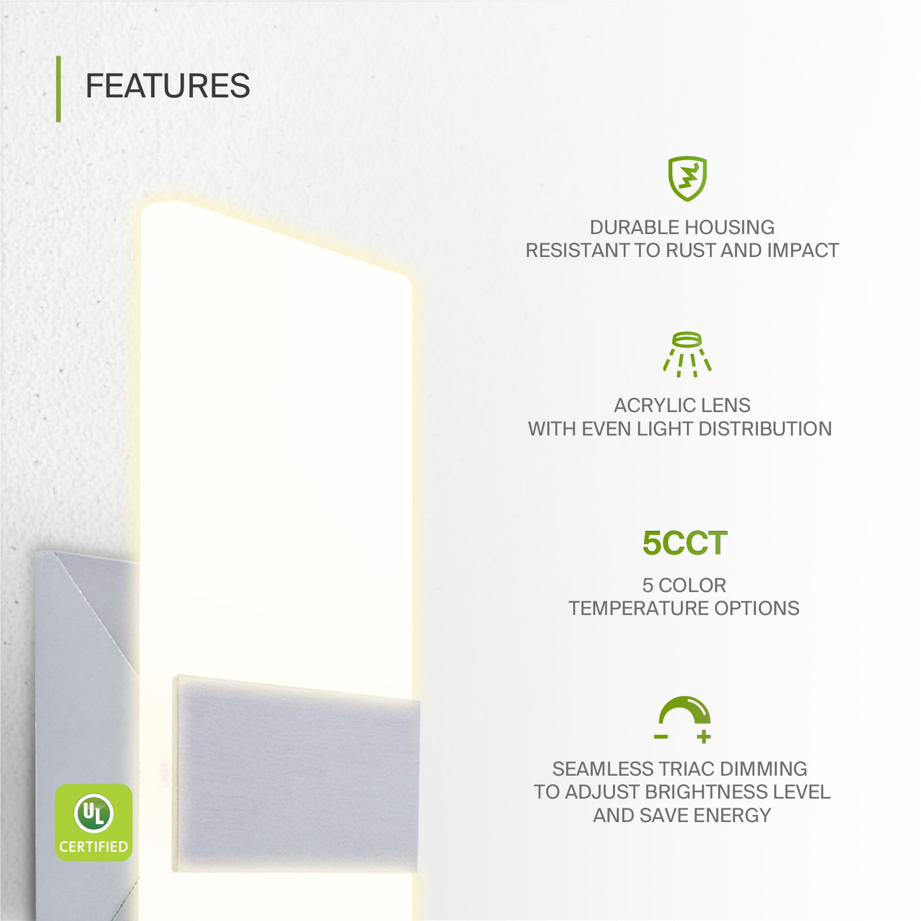 ASD 12 Inch LED Wall Sconce - Dimmable Brushed Nickel Light Fixture, Adjustable 2700K-5000K, Model A-LWS12-12D12ACNK