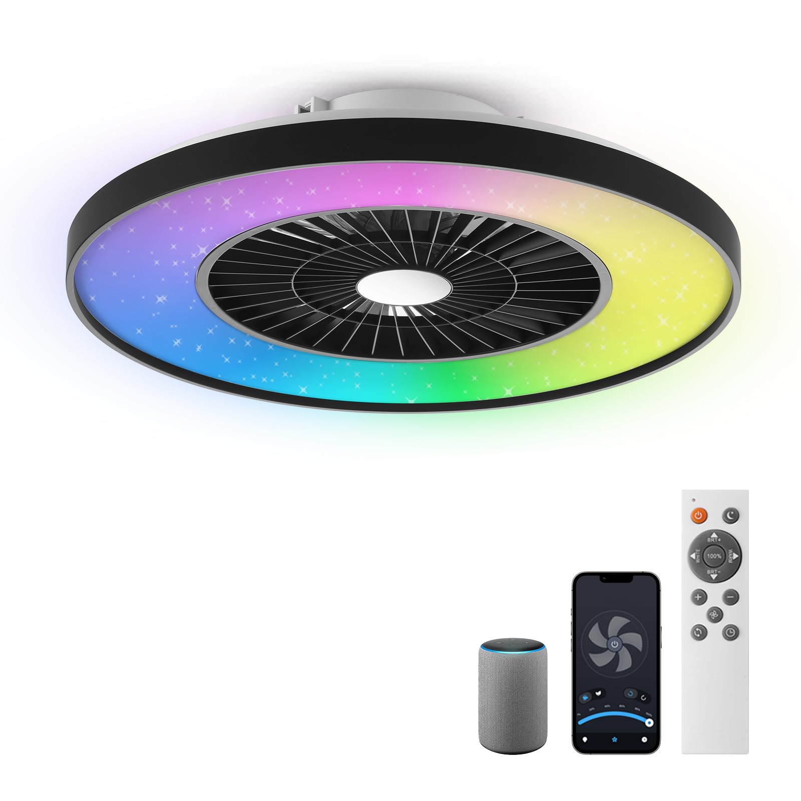 BKZO Smart LED Ceiling Light with Fan, RGB, 60CM, Black, Model 323115-7-RGBCW, Stepless Dimming, Alexa Compatible