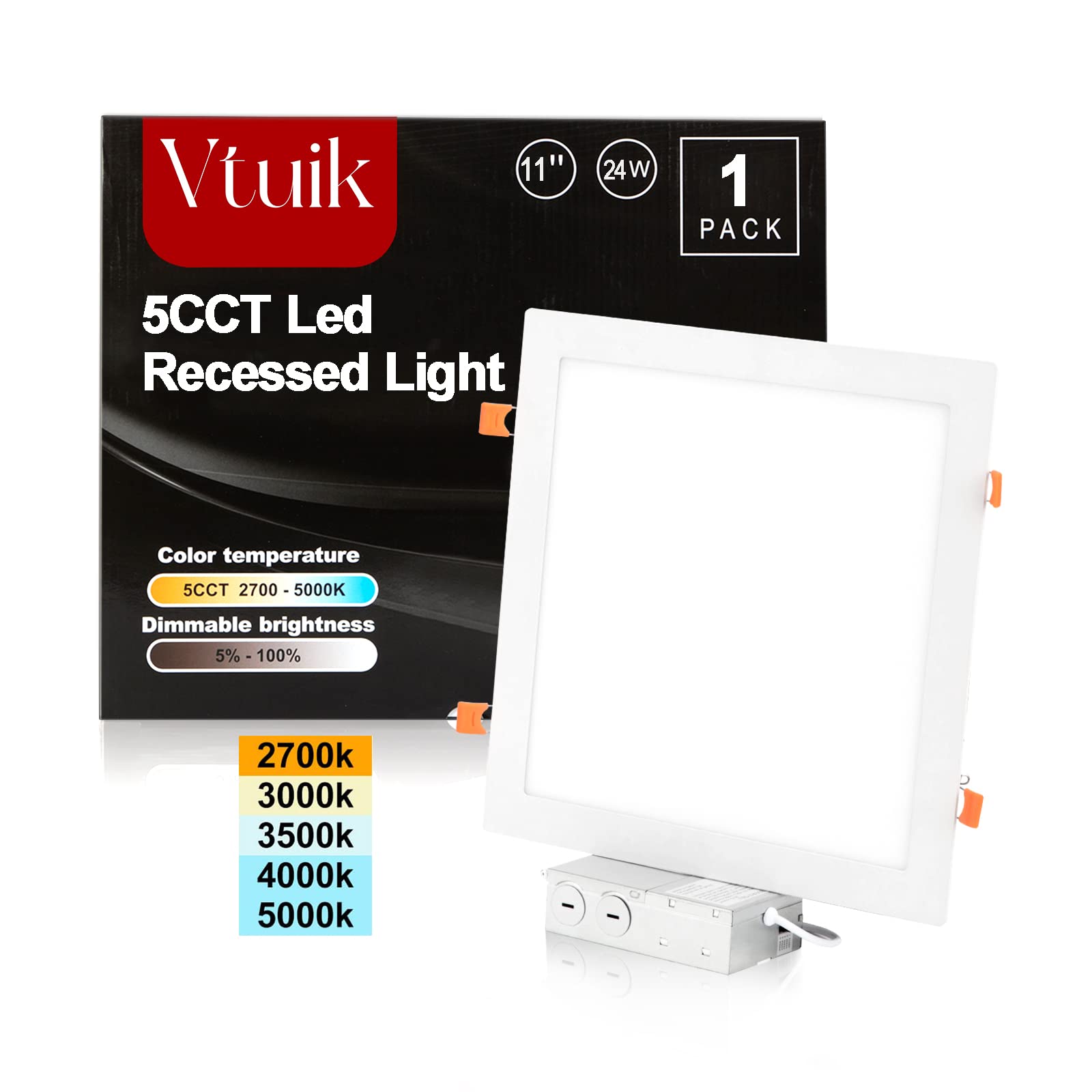 Vtuik 11 Inch 24W Dimmable Square Led Can Light Retrofit With Junction Box, 1920Lm/Cri85 Ultra Thin Led Downlight 5Cct 2700K-5000K Adjustable With A Simple Switch Ic Rated,Etl Listed
