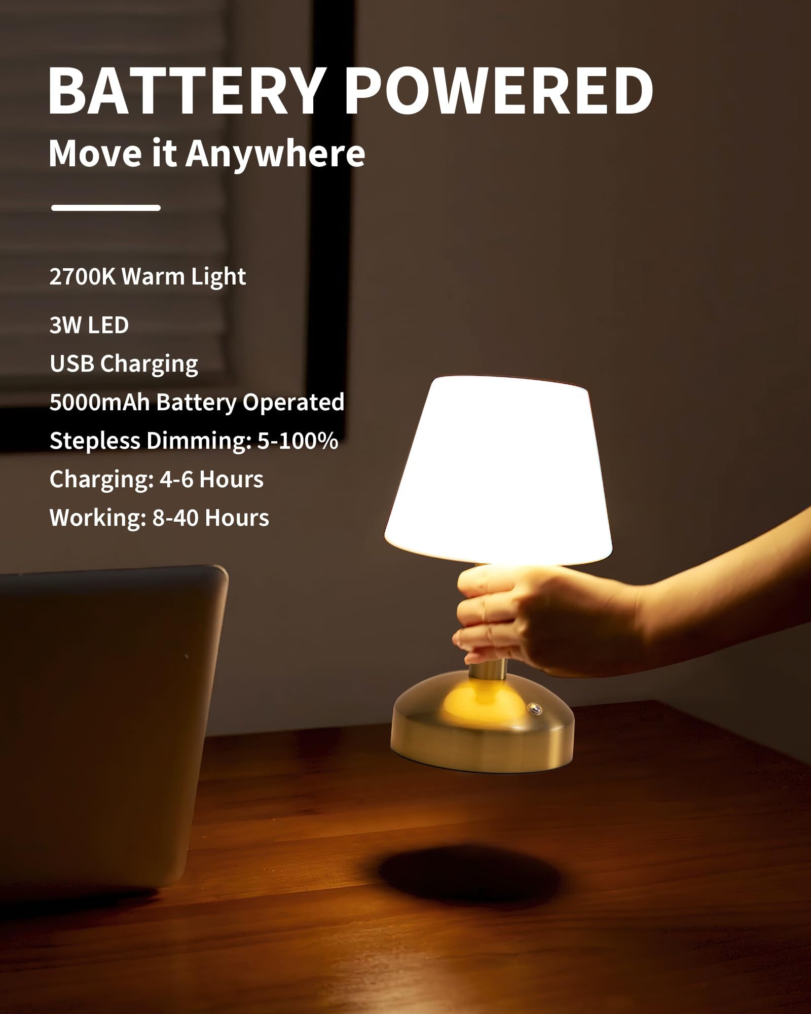 KDG Cordless Table Lamp - Portable LED, Dimmable, 5000mAh Battery, Gold & White, Model AMZ-TBL-012-G