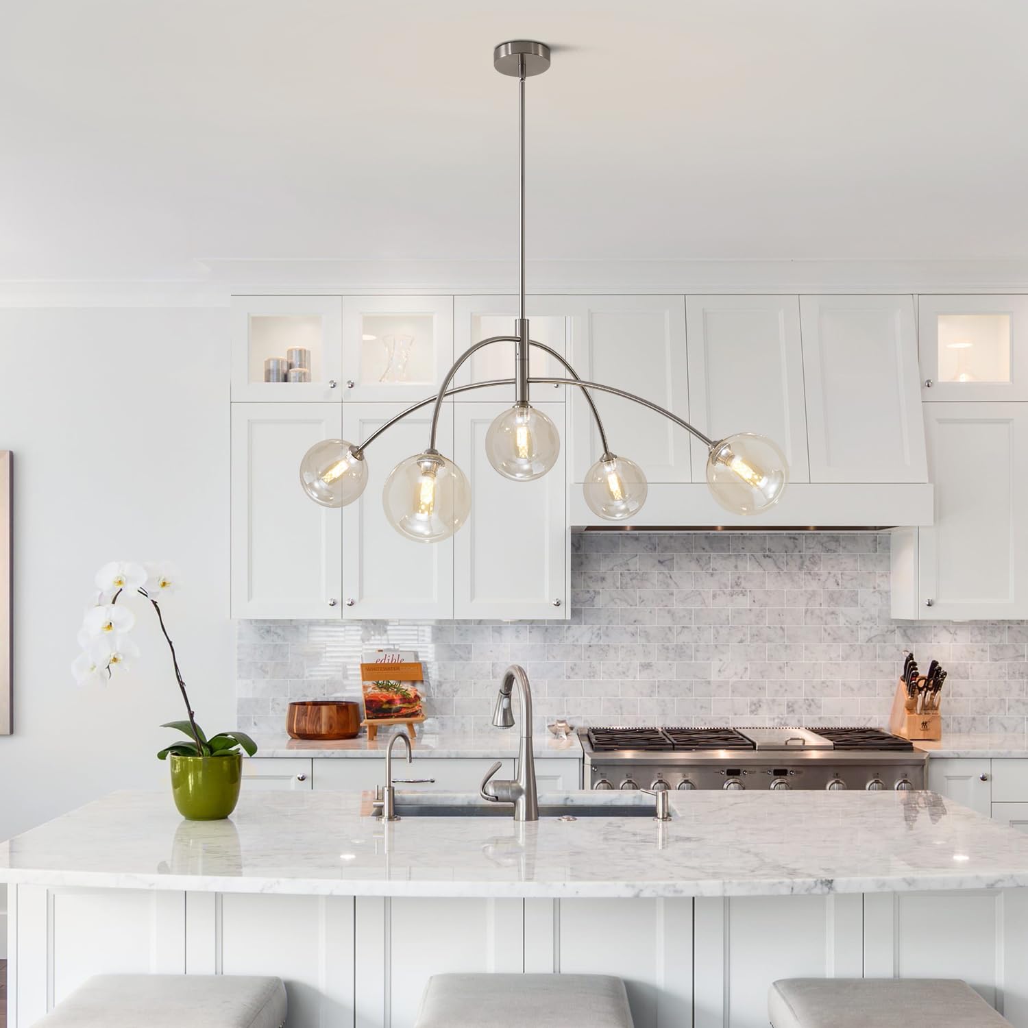 Fulesi Mid Century Modern Sputnik Chandelier With Glass Globe Cognac Shade Adjustable 5 Light Silver Chandelier For Dining Room