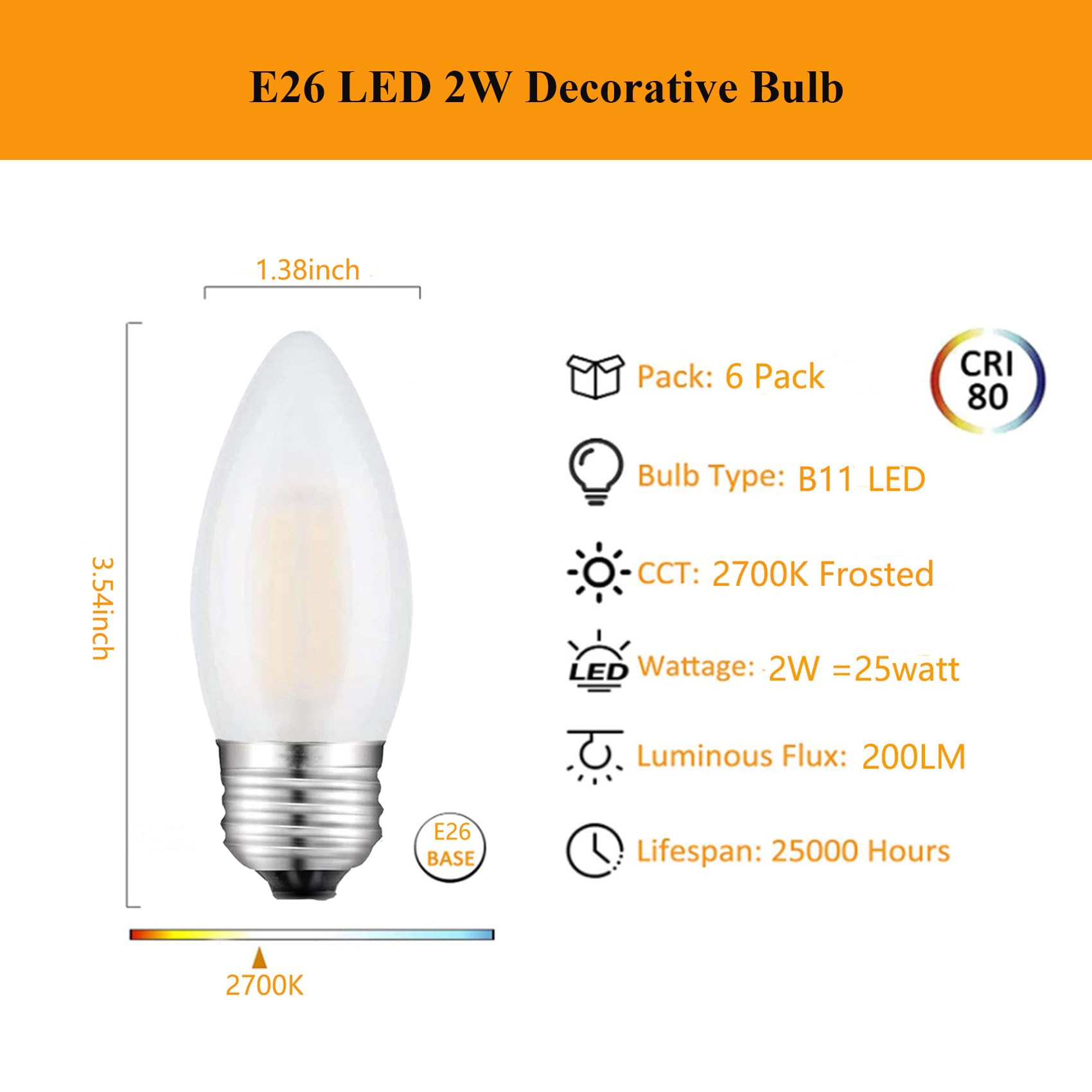 Beonllay E26 Candelabra Bulb Frosted Medium Base 2700K Warm White Equivalent 25 Watt Light Bulbs, B11 Dimmable Led 2W Chandelier