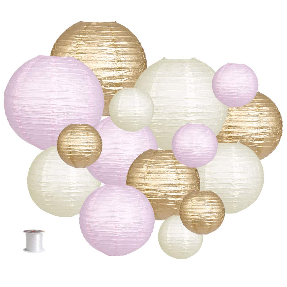 Paper Lanterns Decorative, Party Supplies For Wedding Engagement Baby Showers Birthday Party Decorations Pink/Gold/Ivory 15Pcs