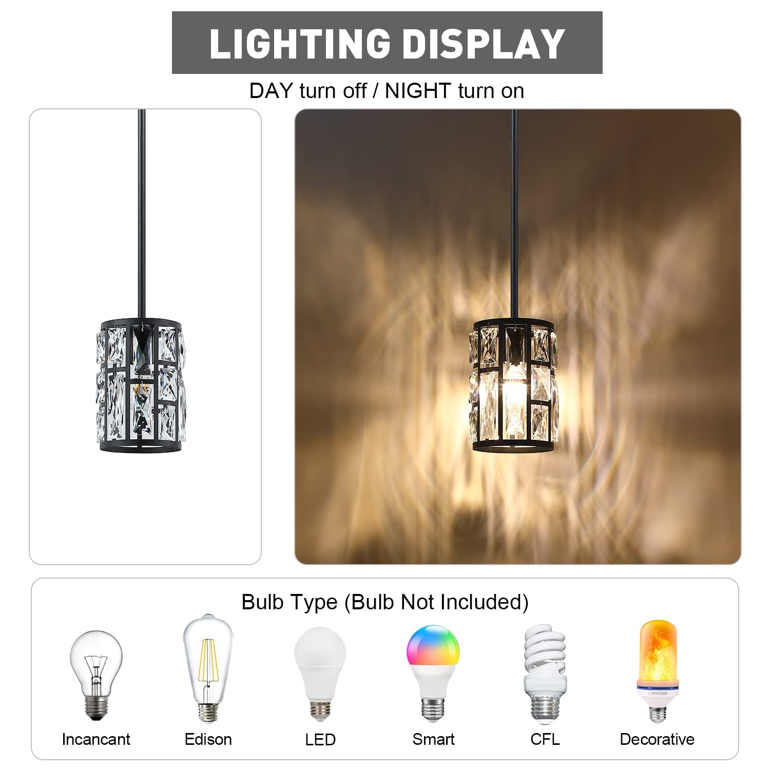 Black Crystal Pendant Light Fixture Modern Hanging Lighting Mini Crystal Chandelier For Kitchen Island Dinning Room Living Room