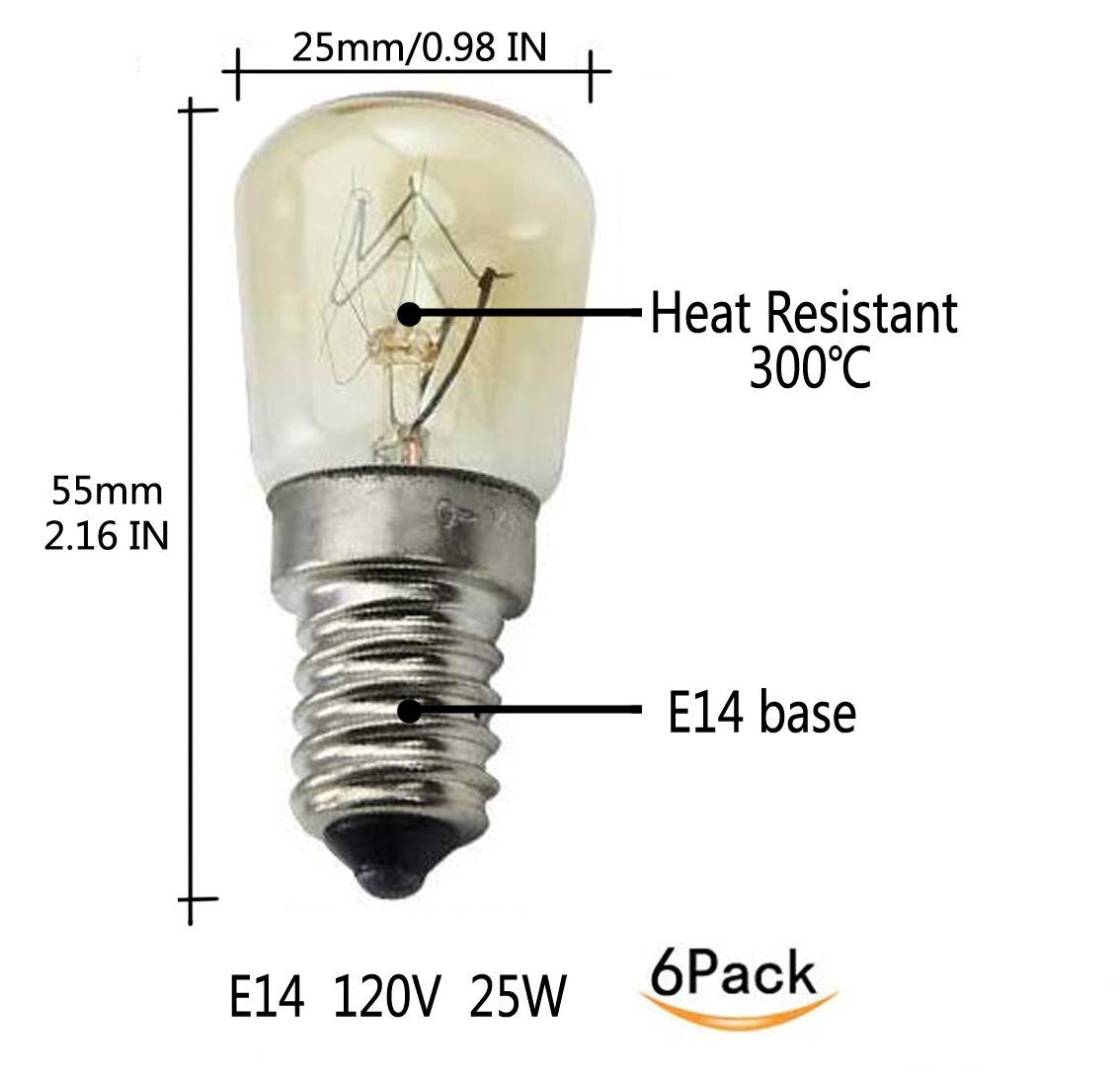CTKcom T25 E14 Oven Light Bulbs - 25W Heat Resistant, Warm White, 6 Pack, 360° Beam Angle, Ideal for Microwaves, 110-130
