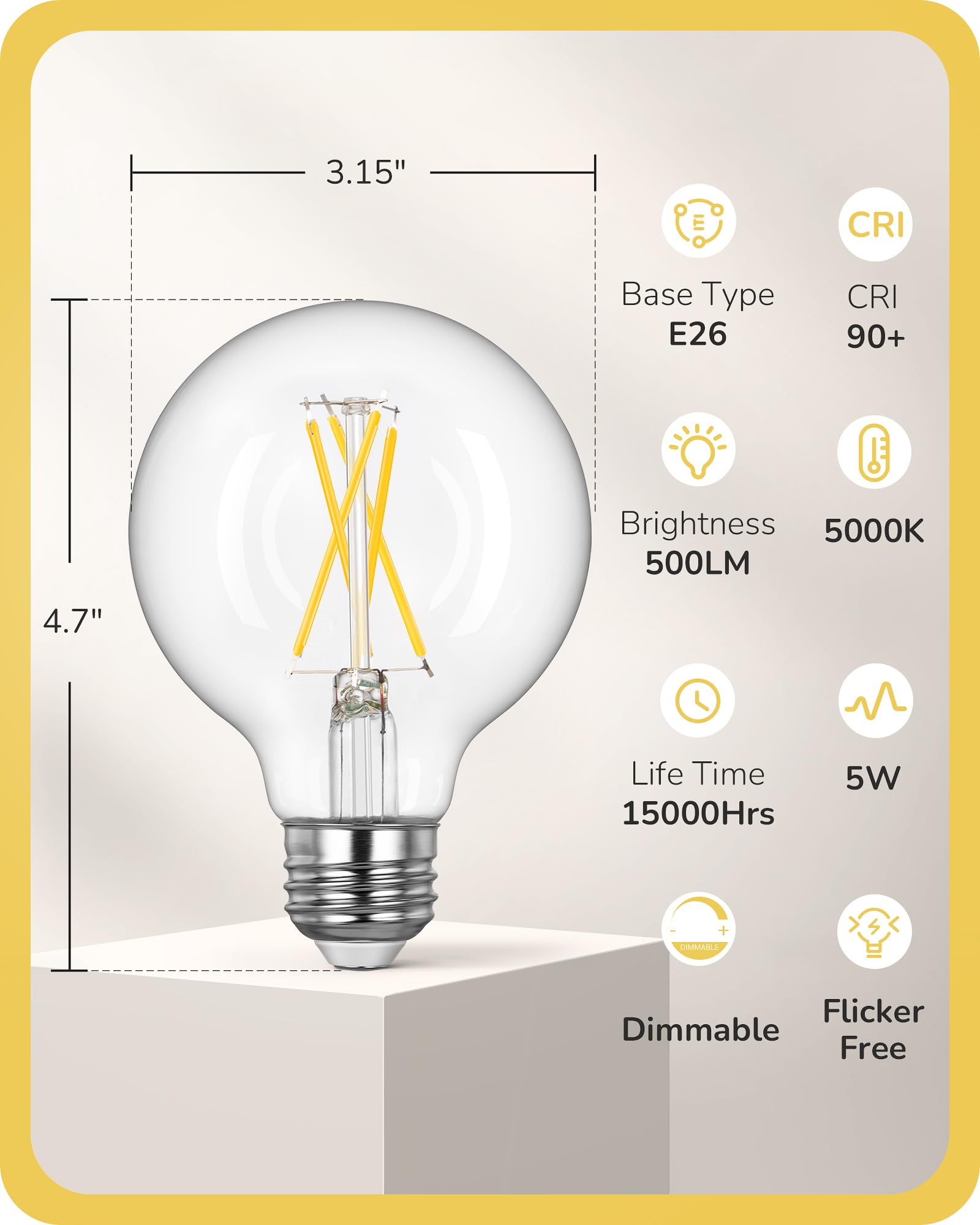Edishine 6 Pack G25 Globe Light Bulbs, Dimmable Vintage Led Edison Bulbs, Cri90+ 5W Equivalent 60W, Clear Led Filament Vanity Li