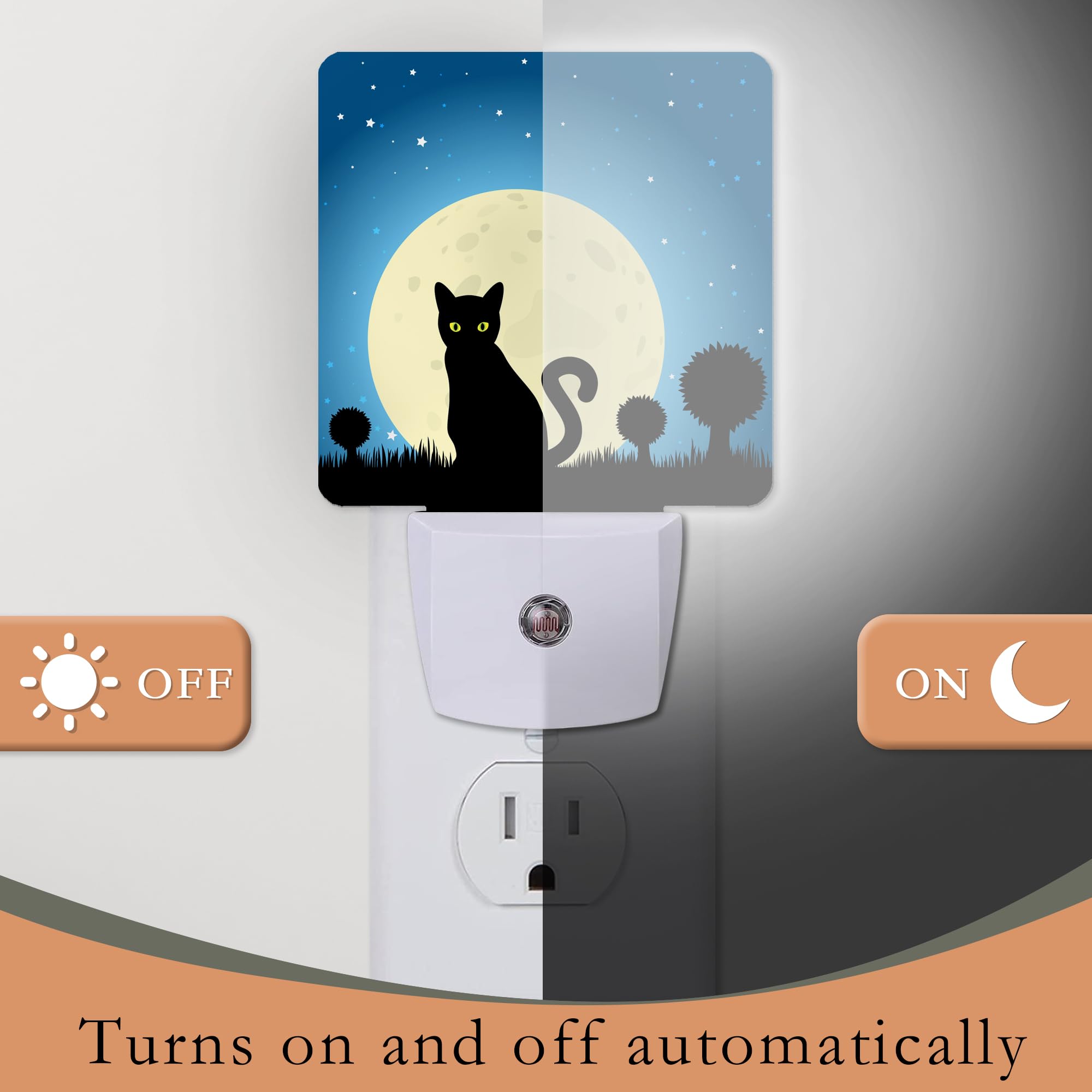 Aowula Halloween Night Lights Plug Into Wall,Black Cat Moon Night Light Dusk To Dawn Sensor Led Lamp 0.5W For Boys/Girls/Women/Men Decorations Room 0.5W Sleep Friendly