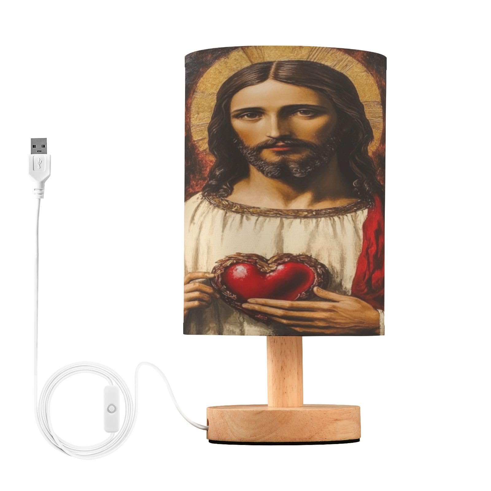 Coikll Jesus Christ on Valentines Day Table Lamp Bedside with USB Ports Nightstand Lamps with Fabric Lampshade for Reading, Bed