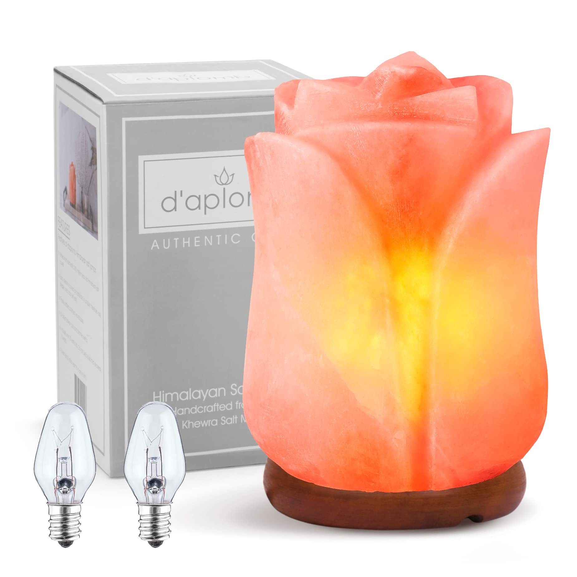 D'Aplomb Himalayan Salt Lamp - Hand Carved Pink Flower, Authentic Natural Crystal, Dimmer Cord