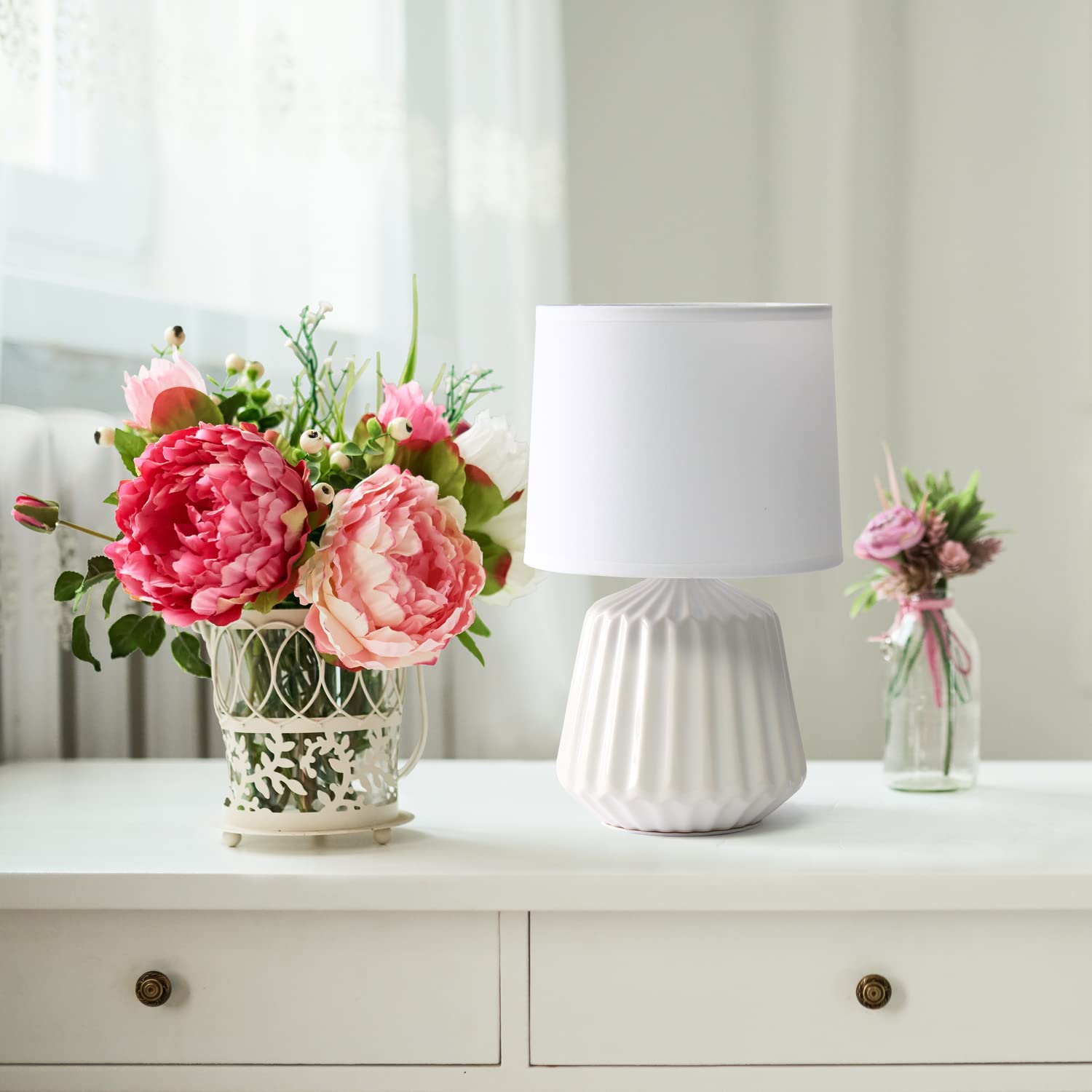 Simple Designs LT1120-OFF Table Lamp, Ceramic, Off-White, 7inL x 7inW x 11.375inH, Petite Mini Pleated Base