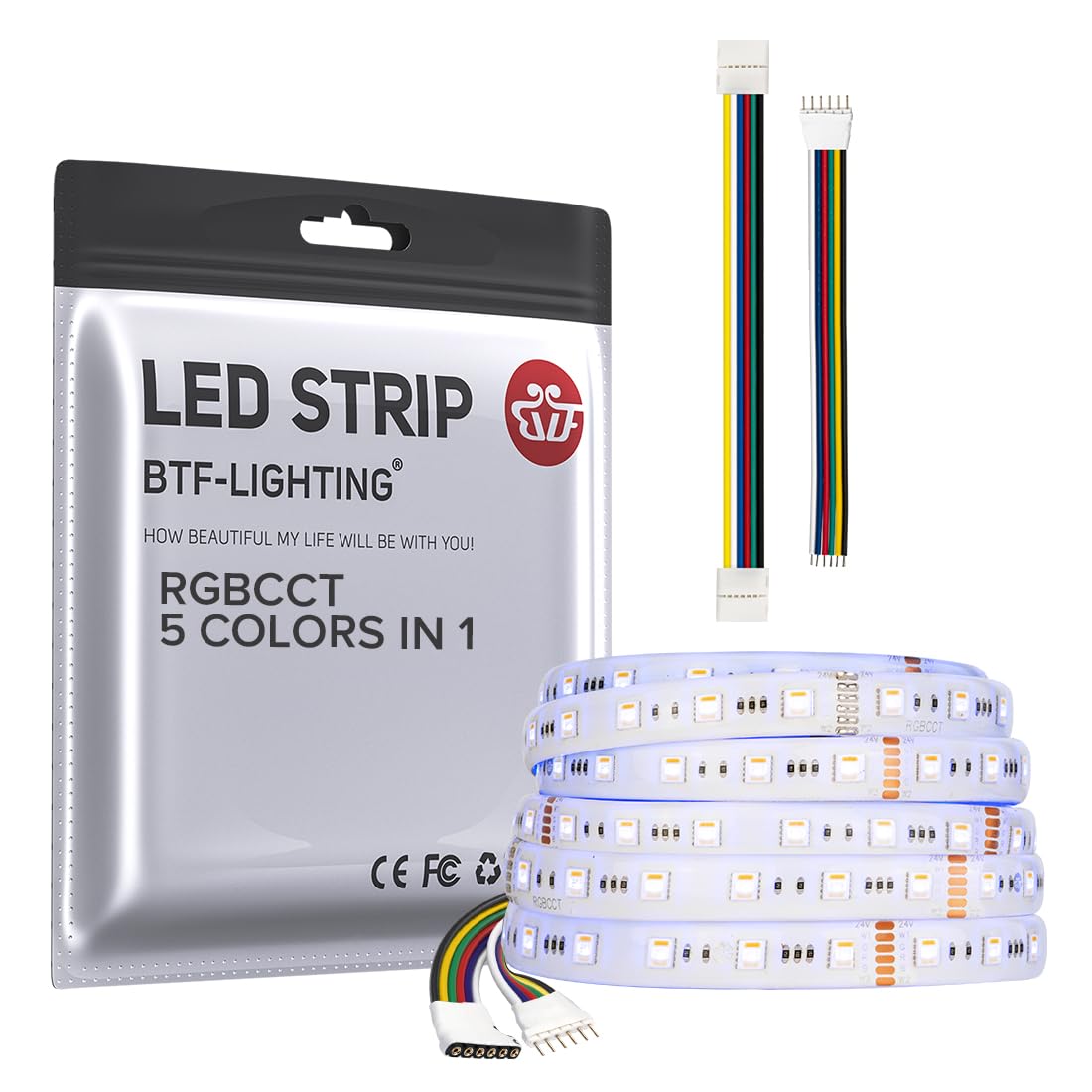 BTF-LIGHTING LED Tape Lights RGBCCT 5050SMD 300LEDs 16.4FT DC24V IP65 for Home Decoration