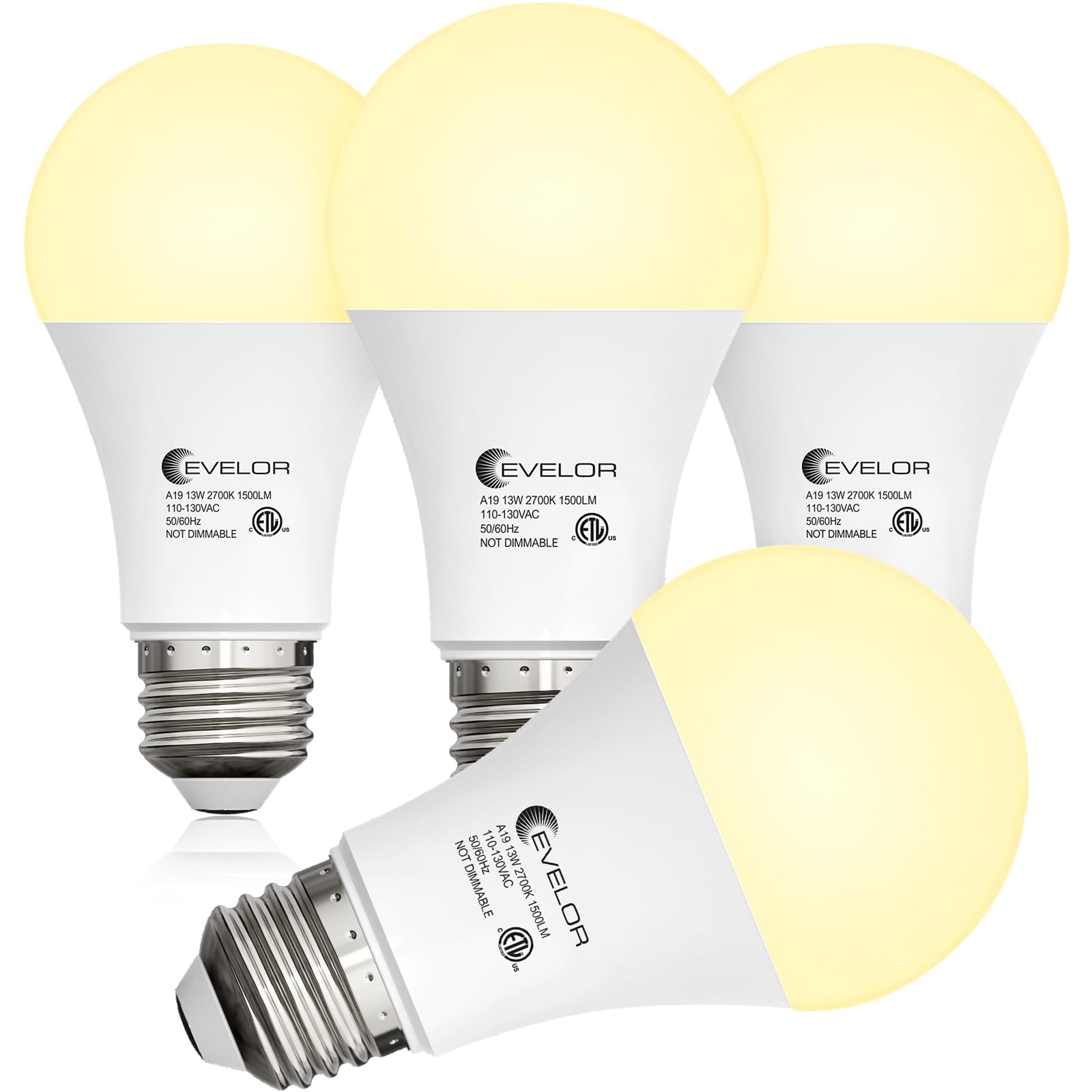 evelor 4-Packs A19 LED Light Bulbs,100 Watt Equivalent 2700K Soft White Bright Bulbs Efficient 13W,1500 Lumens E26 Base, Non-Dim