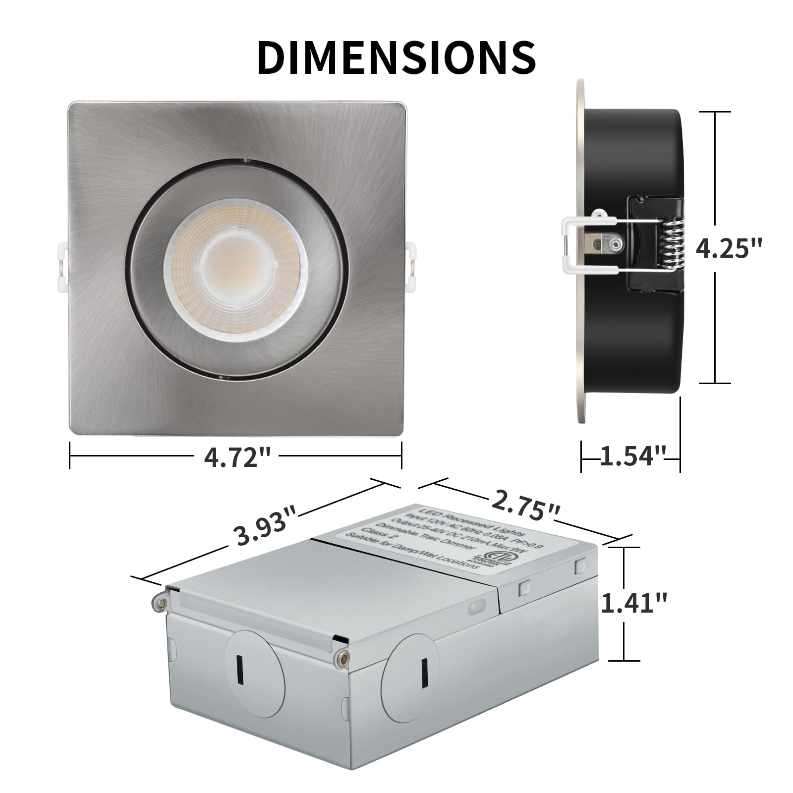 KnLnny Ware Brushed Nickel Square Recessed Lights, Dimmable, 9W 750LM, 5CCT Selectable, 4 Inch, 6 Pack