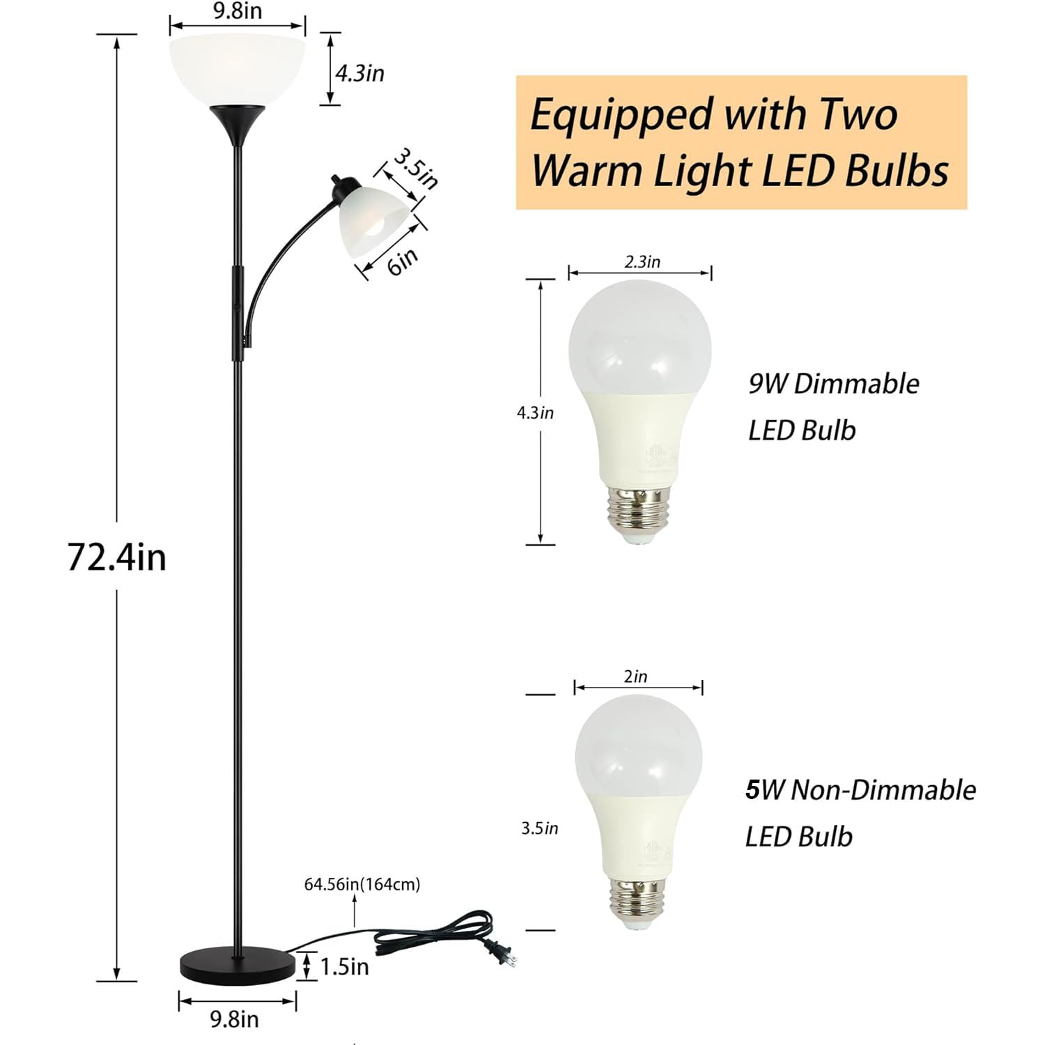 Floor Lamp, Dimmable Standing Lamp, Stepless Dimming Brightness, Included 9W And 5W Led Bulbs, Industrial Floor Lamp For Living Room, Bedroom, Office, Reading