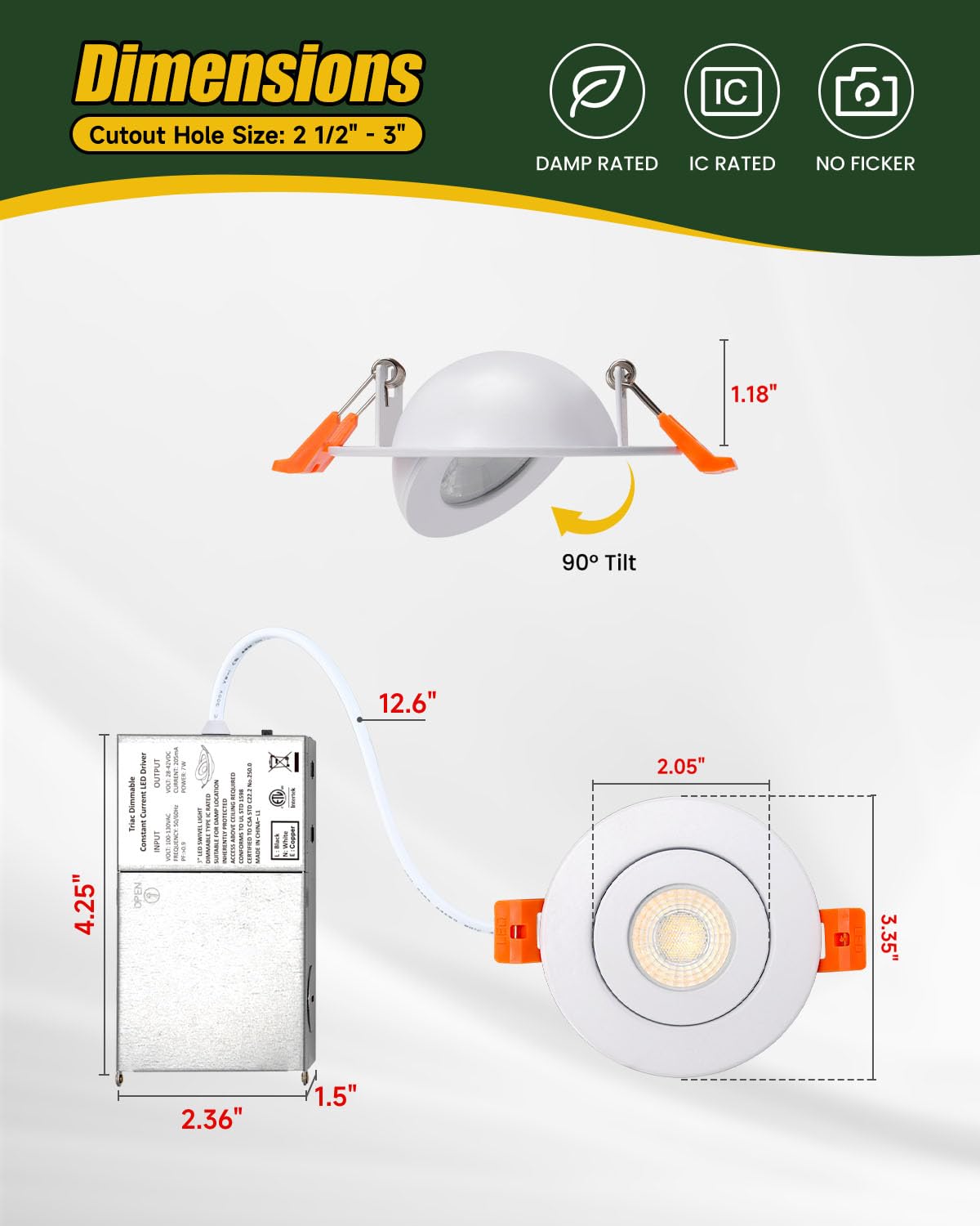 Zyc Gimbal Led Recessed Lighting - 3 Inch 5Cct 7W 360 Rotation Adjustable Eyeball Light Led Swivel Spotlight Directional Sloped Ceiling Light Dimmable Canless Wafer Downlight Pack Of 6 Gold.