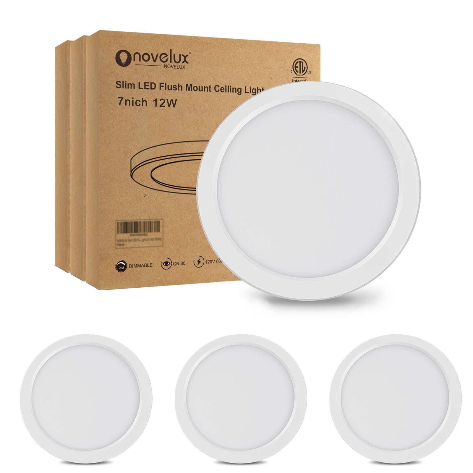 NOVELUX-ETL Listed 7 inch Flush Mount Ceiling Light Fixtures, 12W 1200LM Dimmable, 5000K Ultra Thin Round Led Ceiling Light for 