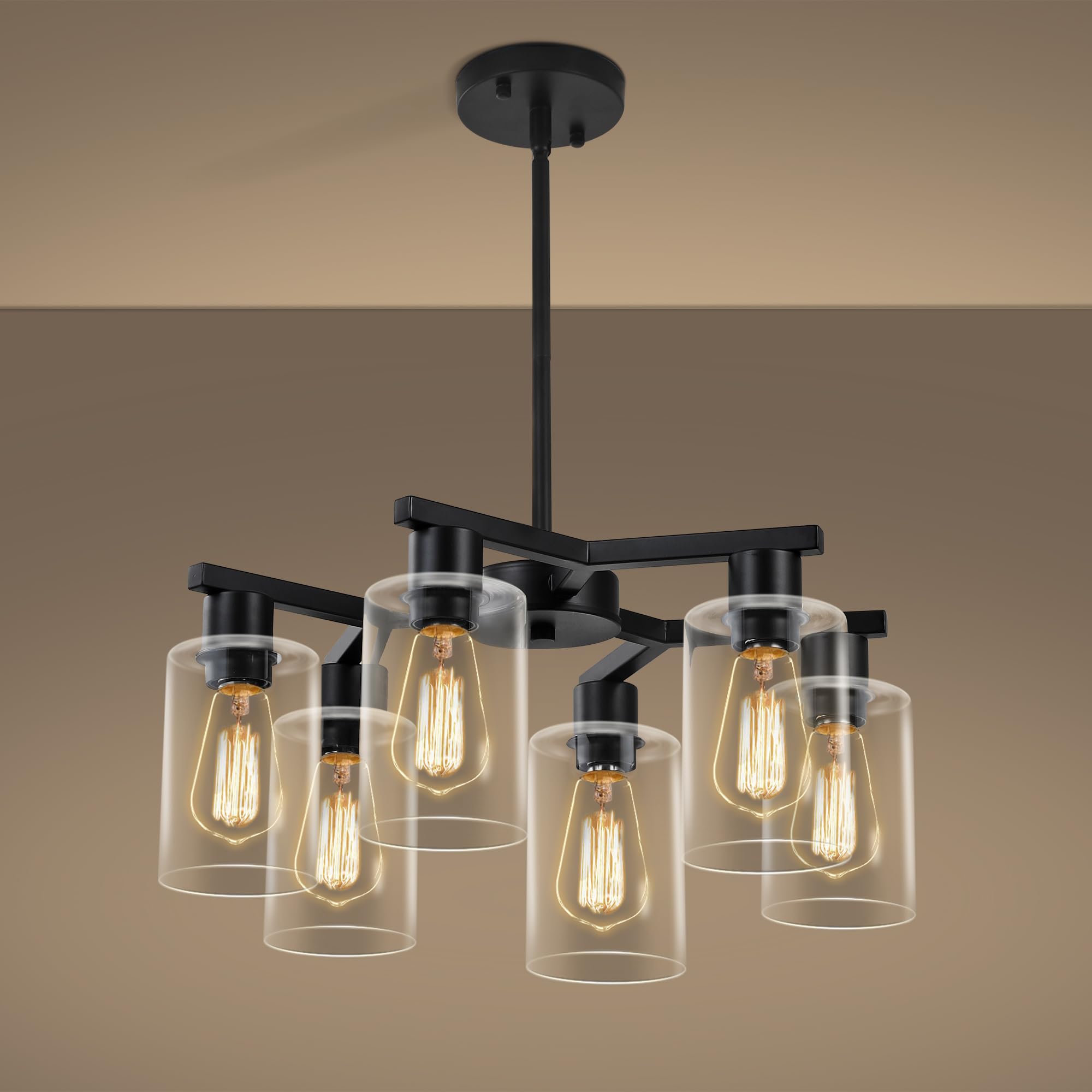 6-Light Modern Farmhouse Black Chandelier  Dining Room Light Fixture Over Table Adjustable Height Hanging Industrial Pendant Lights Kitchen Island  Clear Glass Shade
