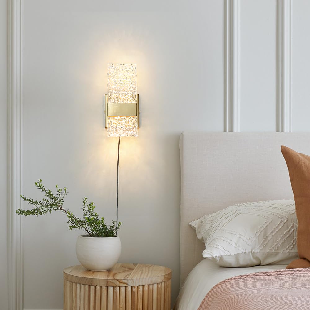 Ditoon Plug-in Wall Sconce Set of 2, Gold Brass, Dimmable 6W Light, Remote Control, 3000K-5000K, H9.25in