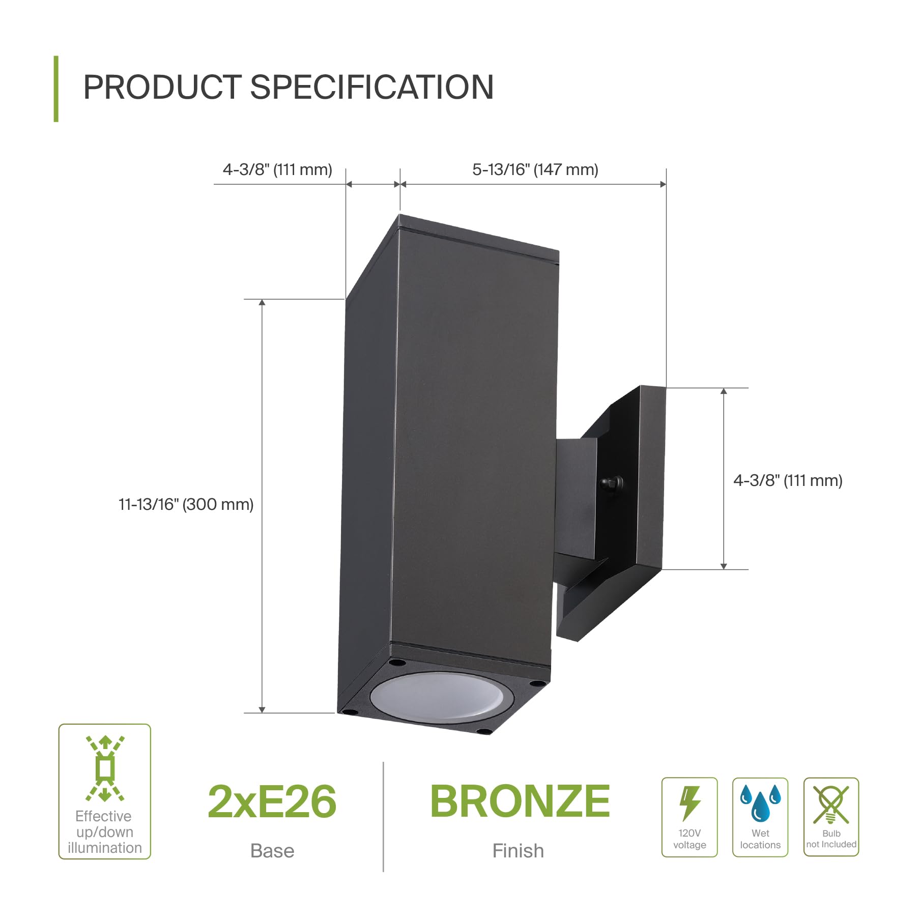 ASD 2-Way Square Cylinder Wall Light Fixture | 120W E26 Socket | Waterproof | Oil-Rubbed Bronze | Model A-OCLS-2I-2660-BZ