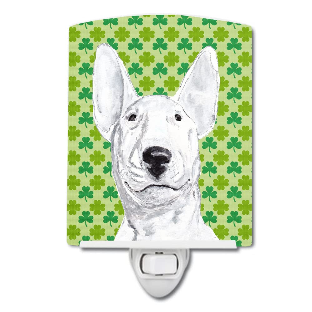 Caroline'S Treasures Sc9576Cnl Bull Terrier Lucky Shamrock St. Patrick'S Day Ceramic Night Light Compact, Ul-Certified, Ideal For Bedroom, Bathroom, Nursery, Hallway, Kitchen, 6X4X3, Multicolor