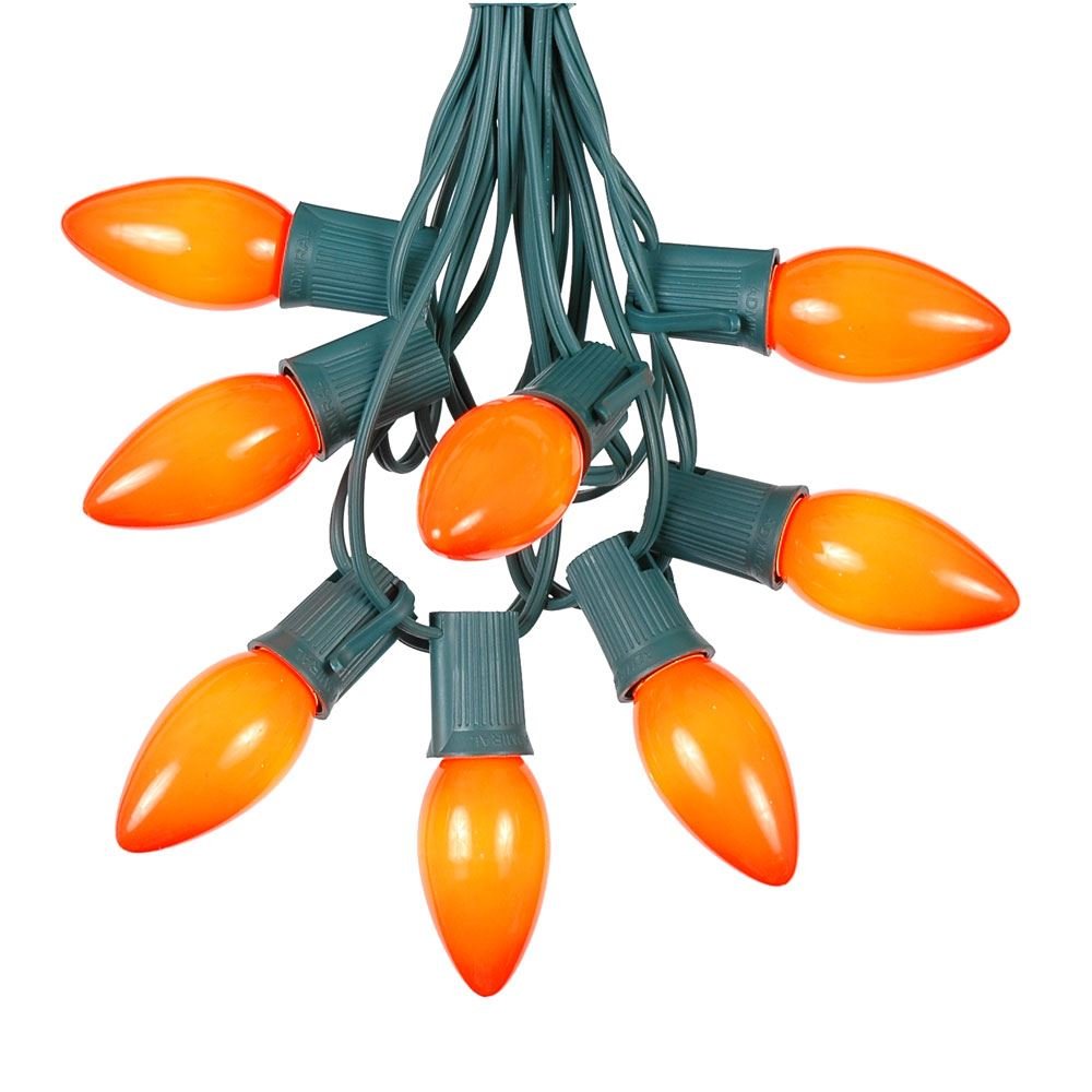 25 Foot C9 Orange Ceramic Christmas String Light Set - Outdoor Christmas Light String - – Opaque Christmas Bulbs - Roofline Light String – Outdoor String Lights - Green Wire