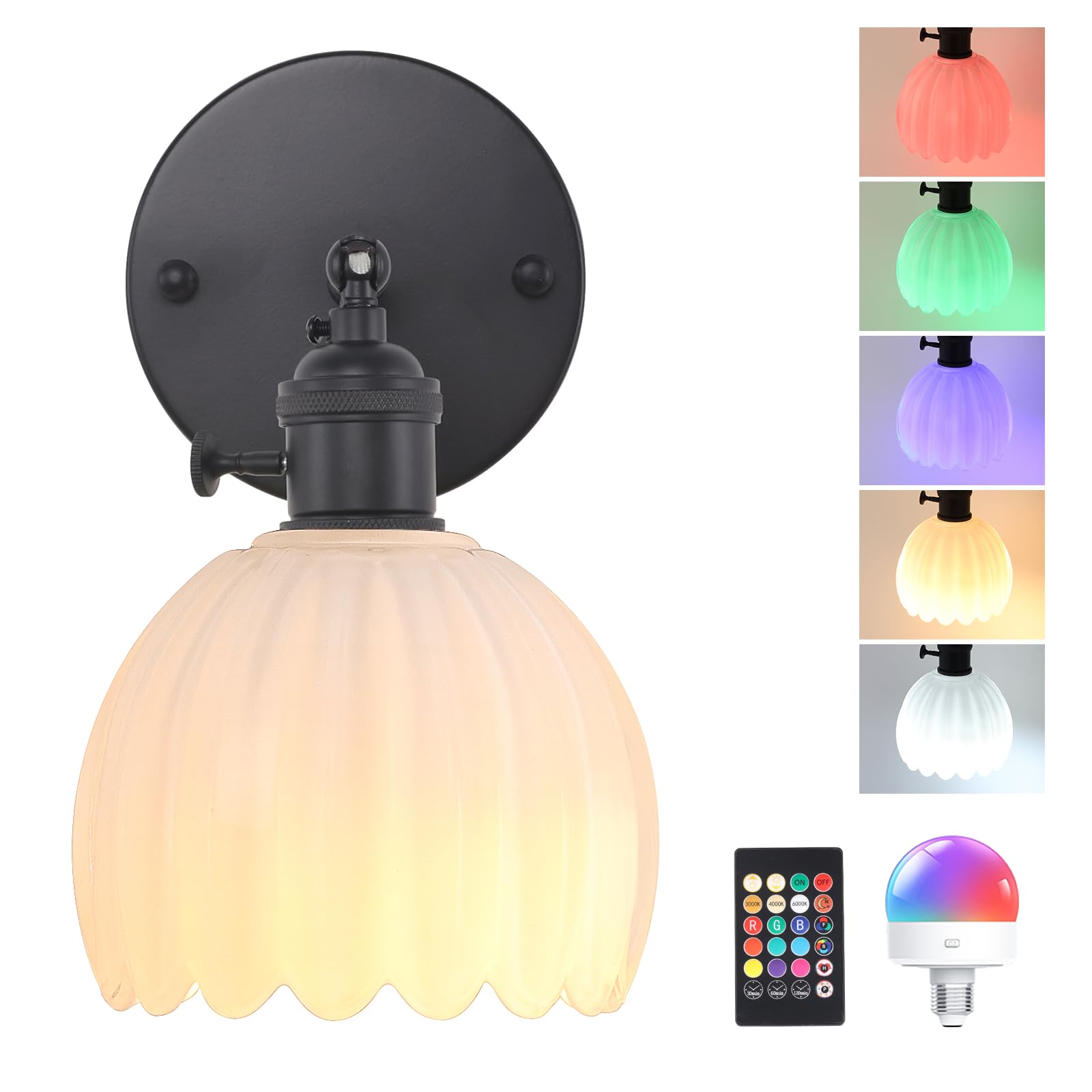 Shenmoyl Vintage Wall Sconce - Battery Operated, White Tulip Glass, Remote Control, Black Base, Model 1-93317