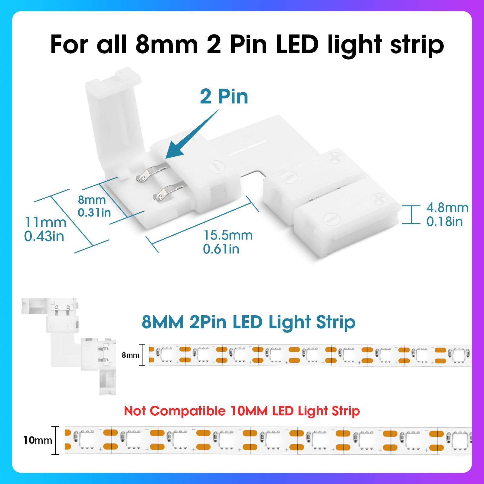 Wenhsin 10-Packs L Shape 2-Pin Led Connectors For Led Strip Lights 8Mm Width Unwired Gapless Solderless Adapter Extension