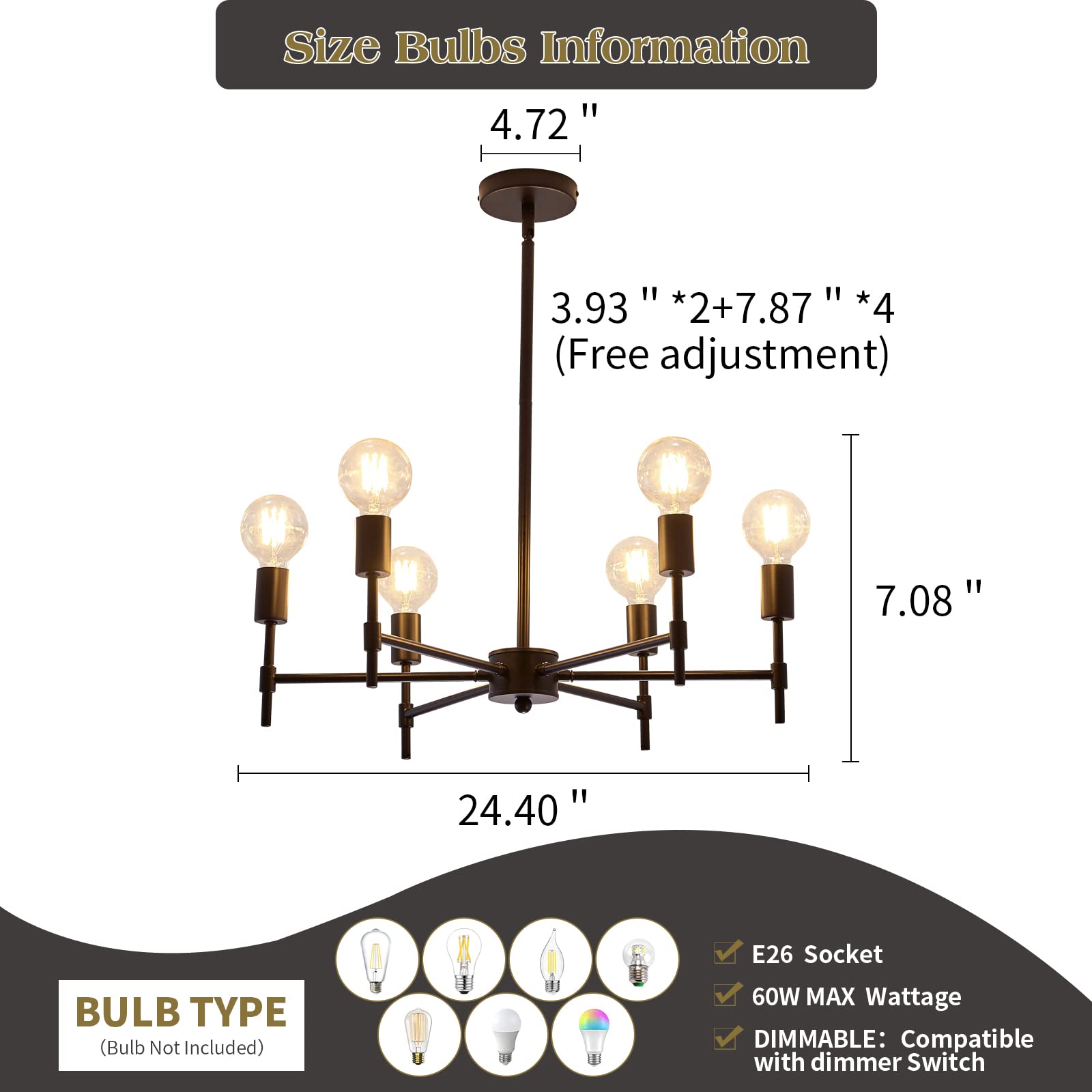 ASGYISA Black Metal 6-Ceiling Light Sputnik Chandelier, 24.3inch Semi Flush Mount Fixture for Bedroom, Kitchen, Dining Room, Model L-2005