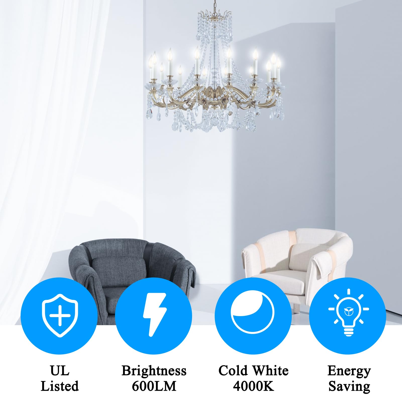 Loniuto Led Light Bulbs 60 Watt Equivalent, 6 Pack Vintage Led Flame Tip Candelabra Bulb, E12 Led Bulb Dimmable 4000K Daylight,