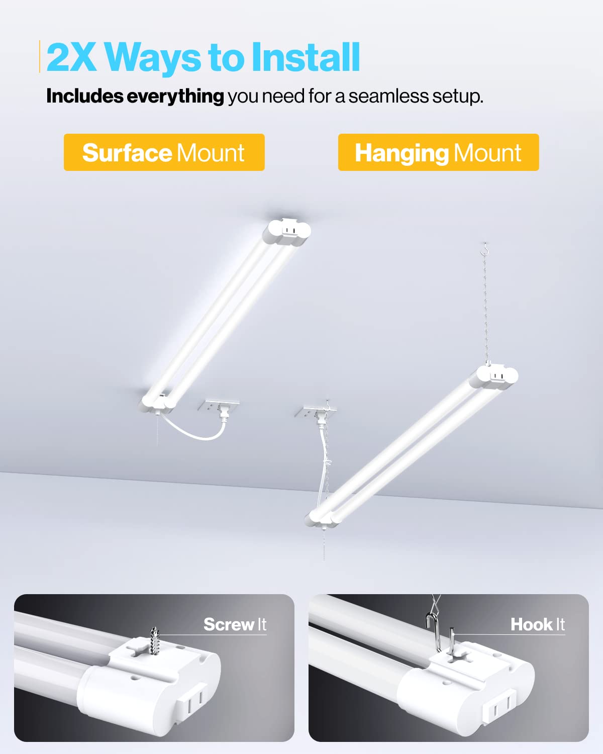 Sunco Lighting 4FT LED Shop Lights, 4500 LM, Linkable, 40W, Matte White, Model SH_F-40W-4K-4PK, Surface/Susp