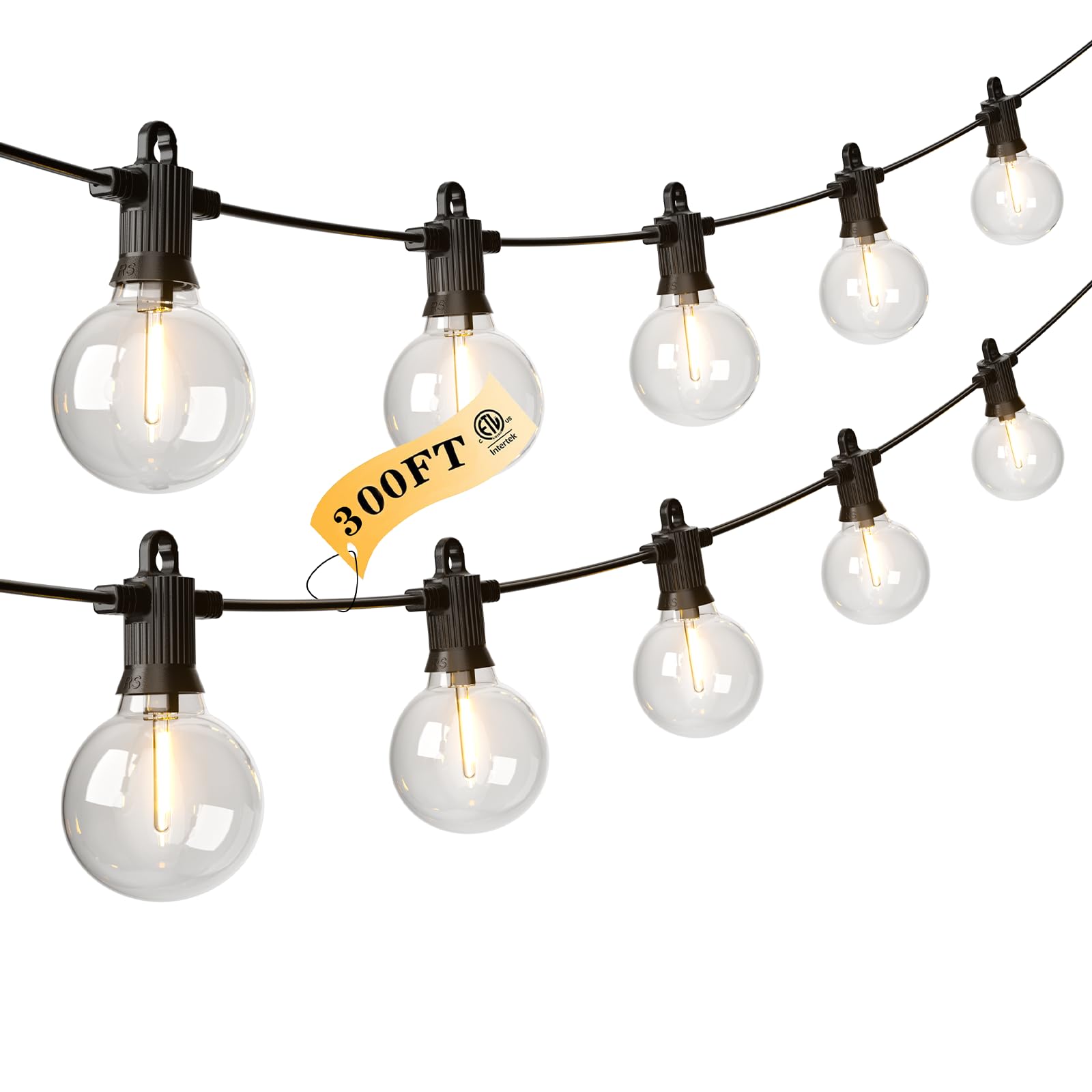Kawaya Outdoor String Lights - LED Waterproof 300FT Black with 146+4 G40 Shatterproof Globe Bulbs - Model 12-25