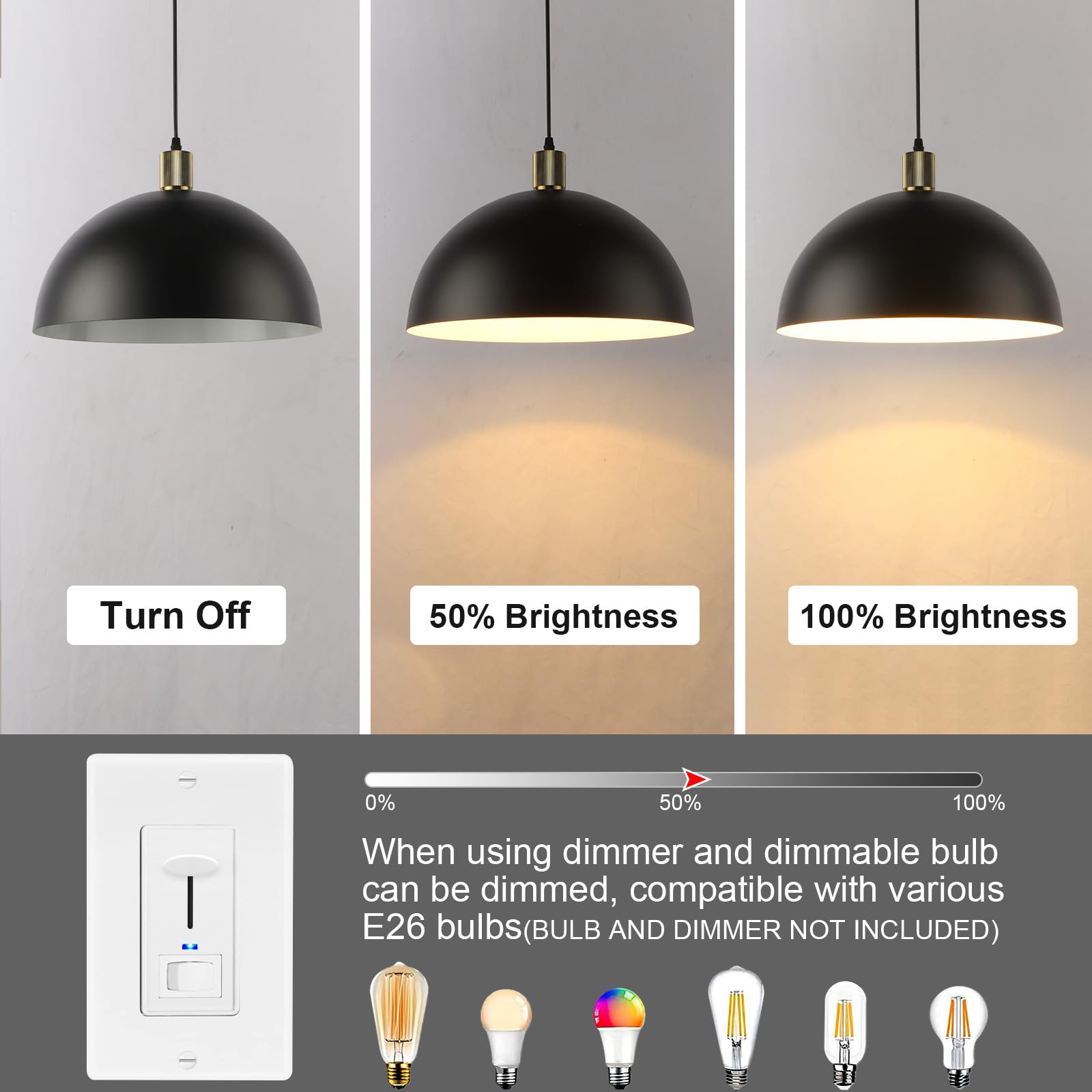 Karjearl Black Pendant Light Fixtures - 15.7" Metal Dome Chandelier, 2 Pack for Kitchen Island & Dining Room