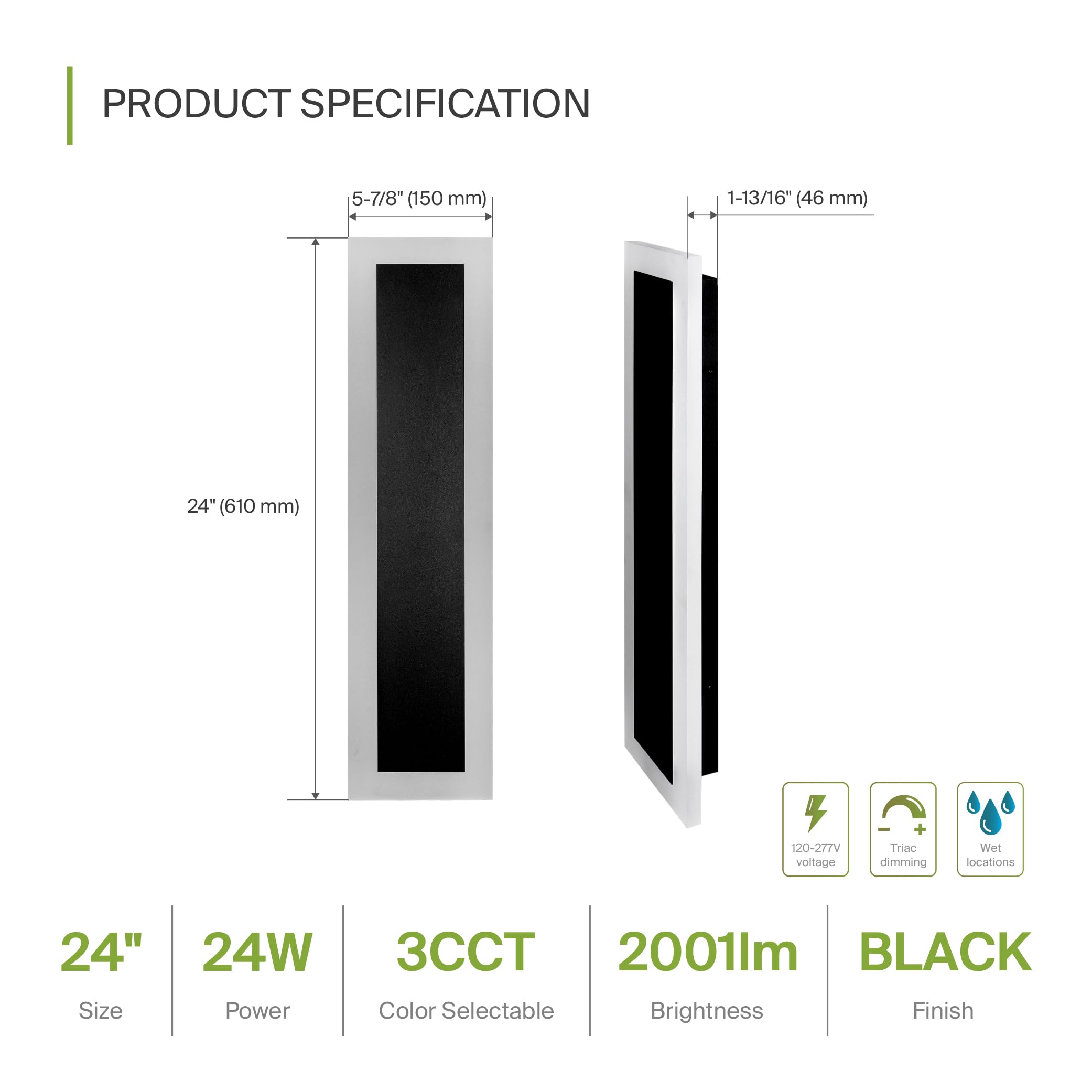 ASD LED Wall Light Fixture, 24W, Dimmable, Waterproof, 24 Inch, Black, 2 Pack, Model A-LWS27A-24D24BK-2p