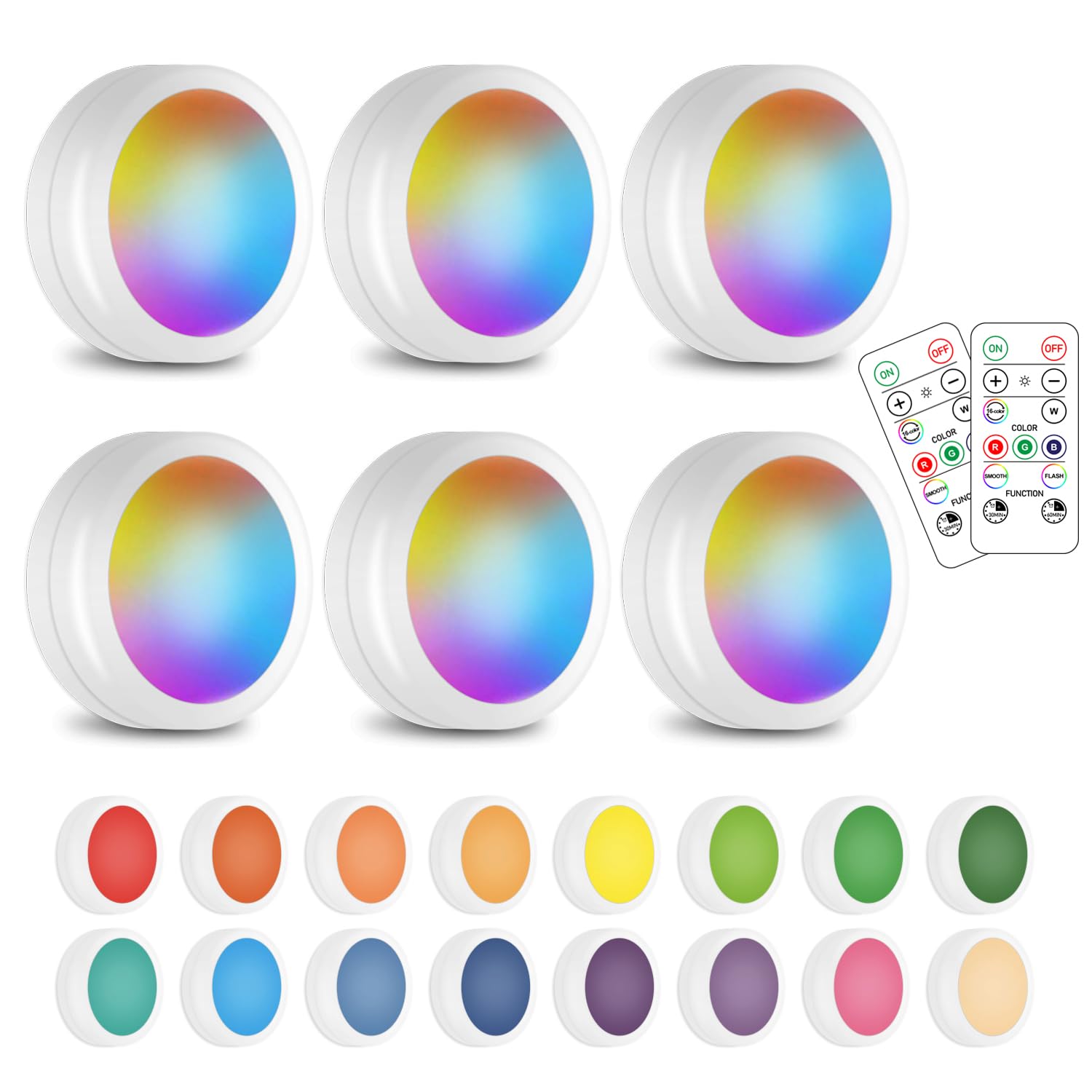 SIXDEFLY Wireless 16 Color Changing LED Puck Light 6 Pack LED Under Cabinet Lighting Closet Light Battery Powered Night Lights with Remote Control Dimmer & Timing Function