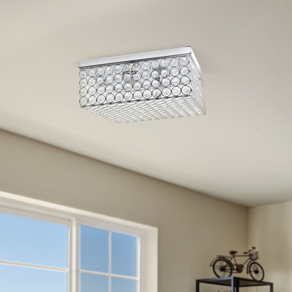 Elegant Designs FM1004-CHR Elipse Crystal 12 Inch Modern Metal 2 Light Squared Ceiling Flush Mount Fixture, Chrome