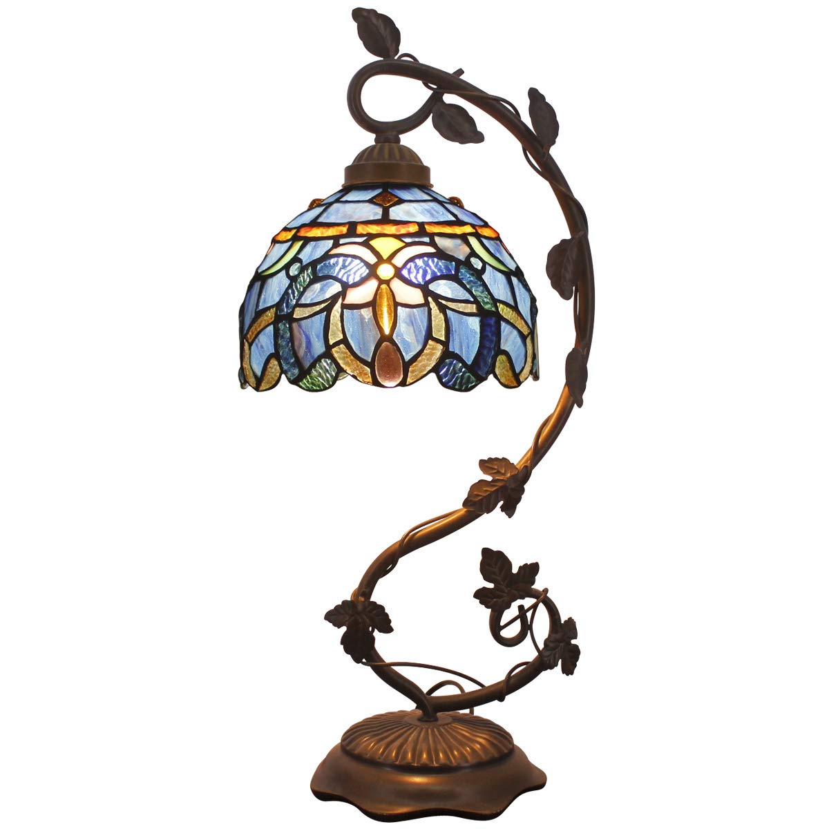 WERFACTORY Tiffany Table Lamp, Blue Purple Cloudy Glass, 8X10X21 Inches, Metal Leaf Base, S558 Series, Ideal for Bedroom or Office