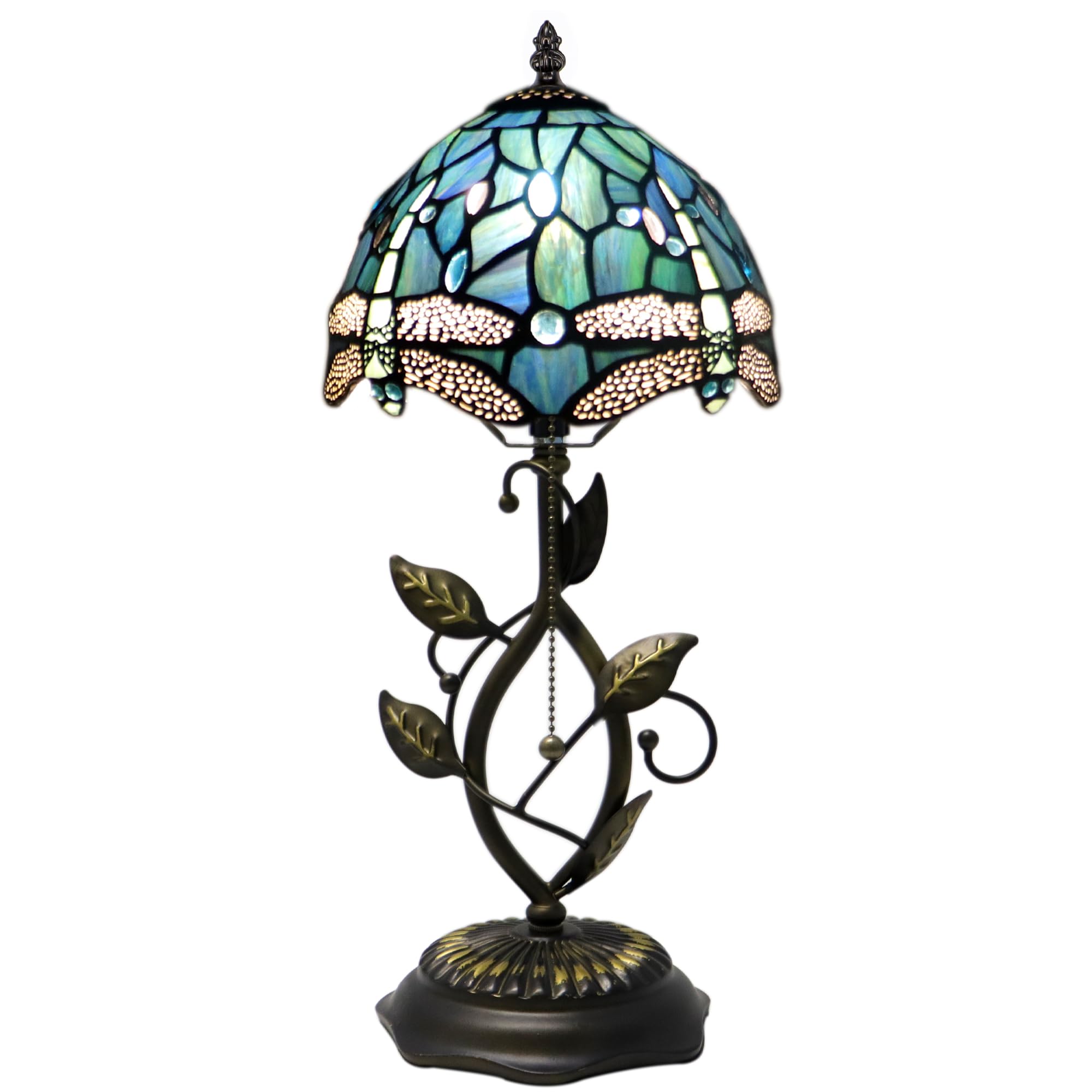 MQYXH Small Tiffany Lamp Sea Blue Dragonfly Style Stained Glass Table Lamps Desk Bedside Reading Light 8X8X18 Inches with Bronze Metal Leaf Resin Base