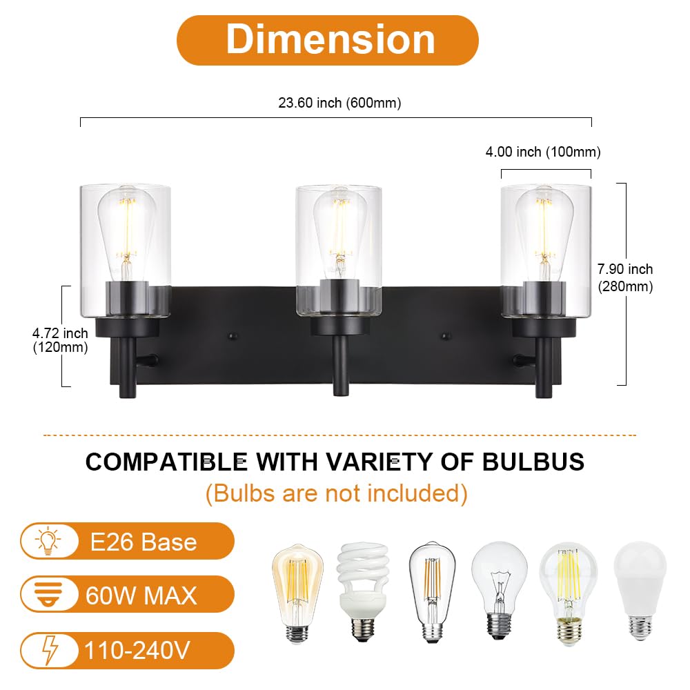 Vinluz Vanity Bathroom Light Fixture Black 3 Lights Rustic Wall Sconce Lighting With Clear Glass Shade Vintage Porch Wall Lamp (