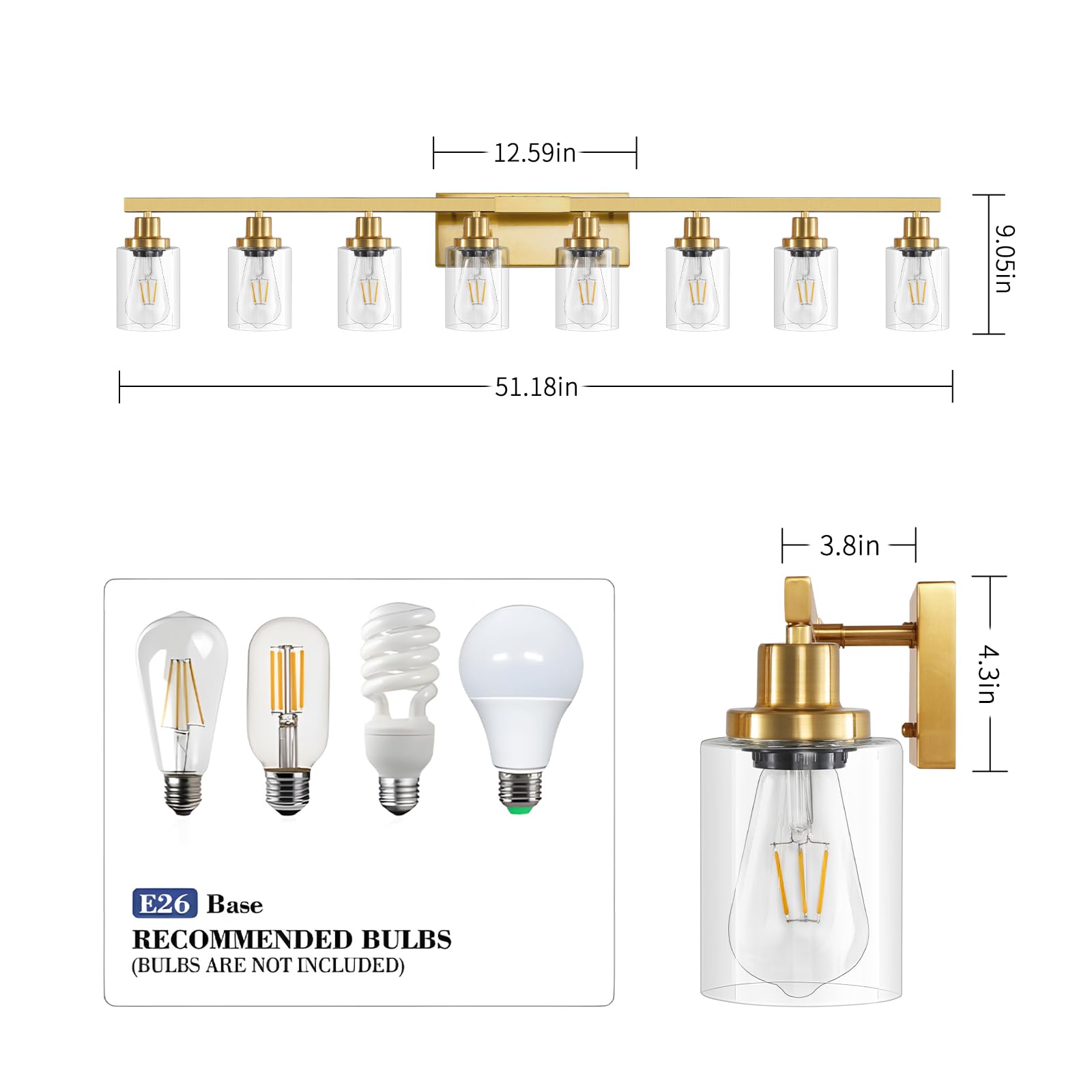 DIKAIDA 8-Light Gold Vanity Lights - Modern Metal Bathroom Wall Lighting, 52in for Bedroom & Living Room, Model JS-8