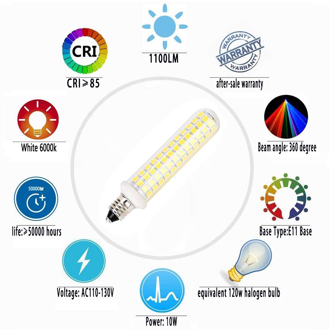 QHD E11 LED Bulbs, 10W Dimmable, 1100LM, Mini Candelabra Base, 6000K, 4 Count, White