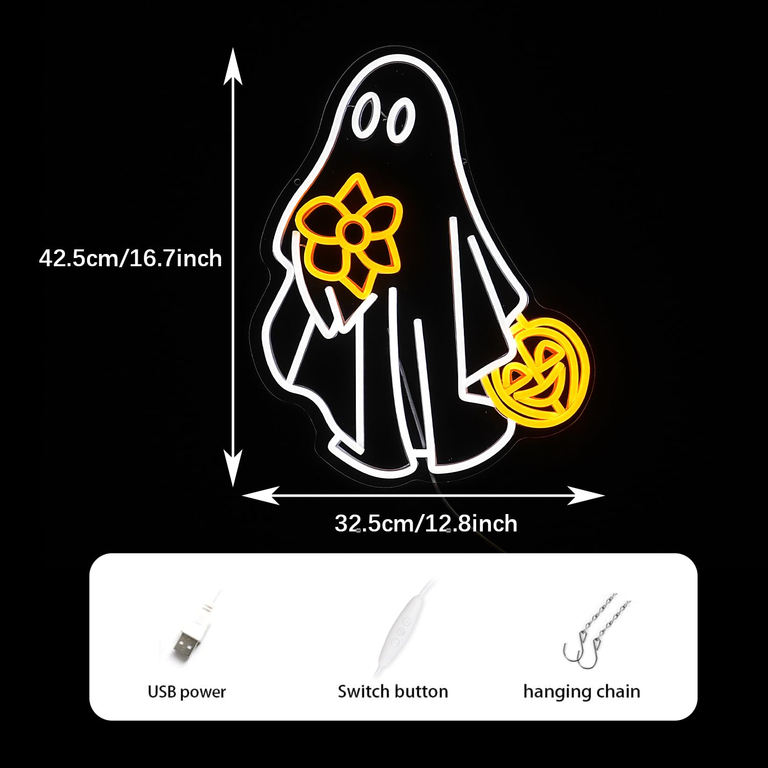 GNVETZLL Ghost Neon Sign - Dimmable USB Powered Pumpkin LED Light - Halloween Decor - Yellow White