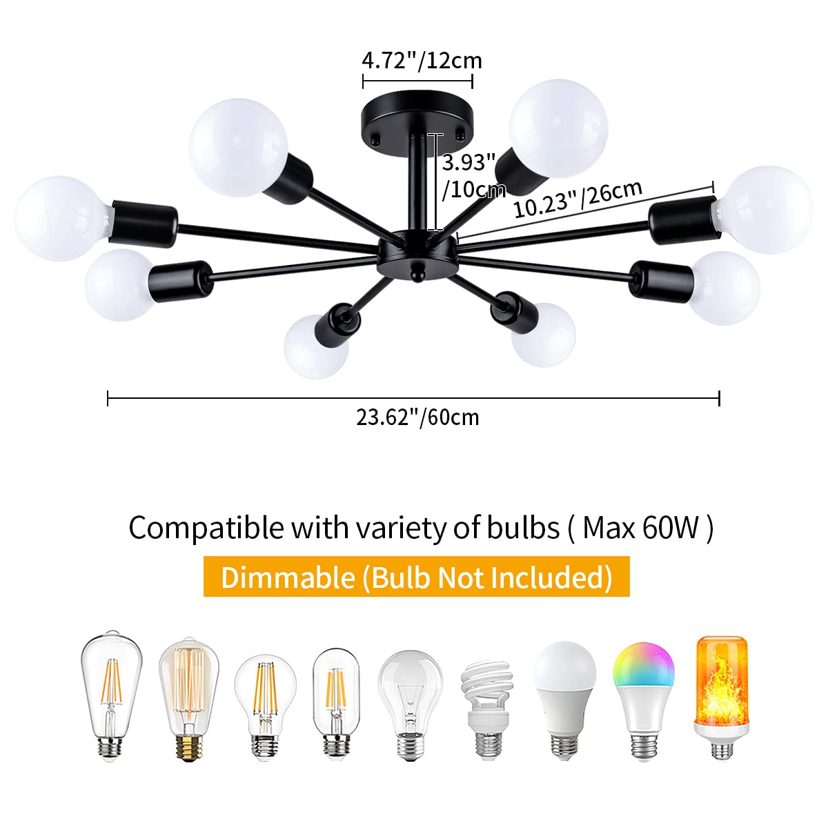 ZSMIHDOH 8-Light Black Semi Flush Mount Chandelier - Modern Sputnik Ceiling Light for Living Room, Bedroom, Kitchen, Office
