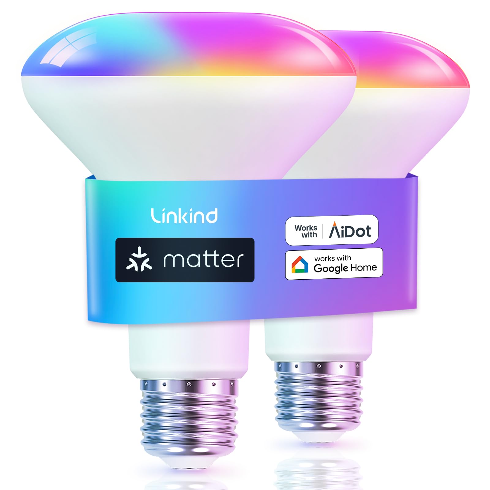 Linkind BR30 Smart Light Bulbs, RGBTW LED, E26 Flood, 650LM, 2 Pack, Aluminum, Compatible with Alexa and Google Home