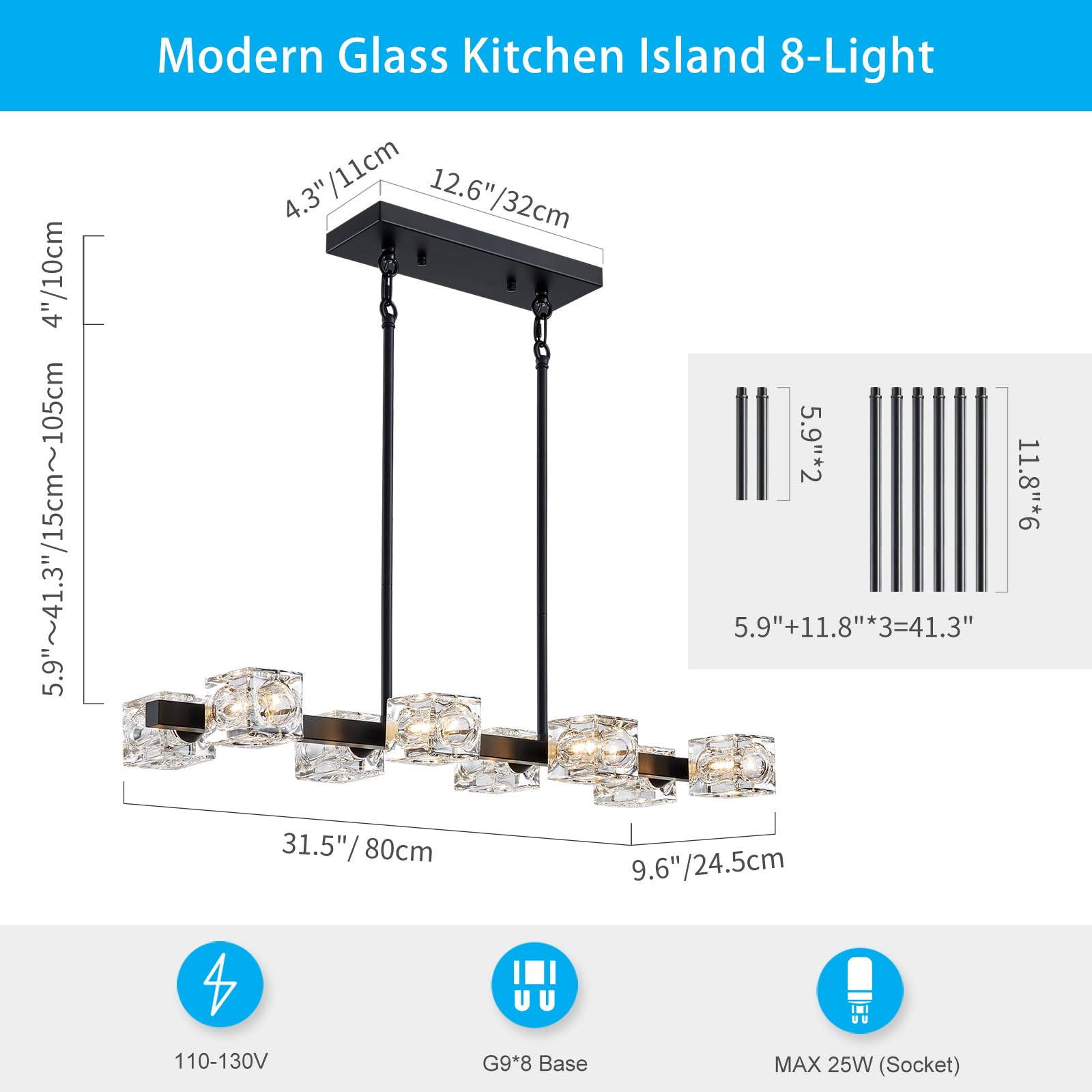 Xingqi Modern Glass Chandeliers For Dining Room Rectangular Black 8-Light Linear Pendant For Lighting Kitchen Island Living Room